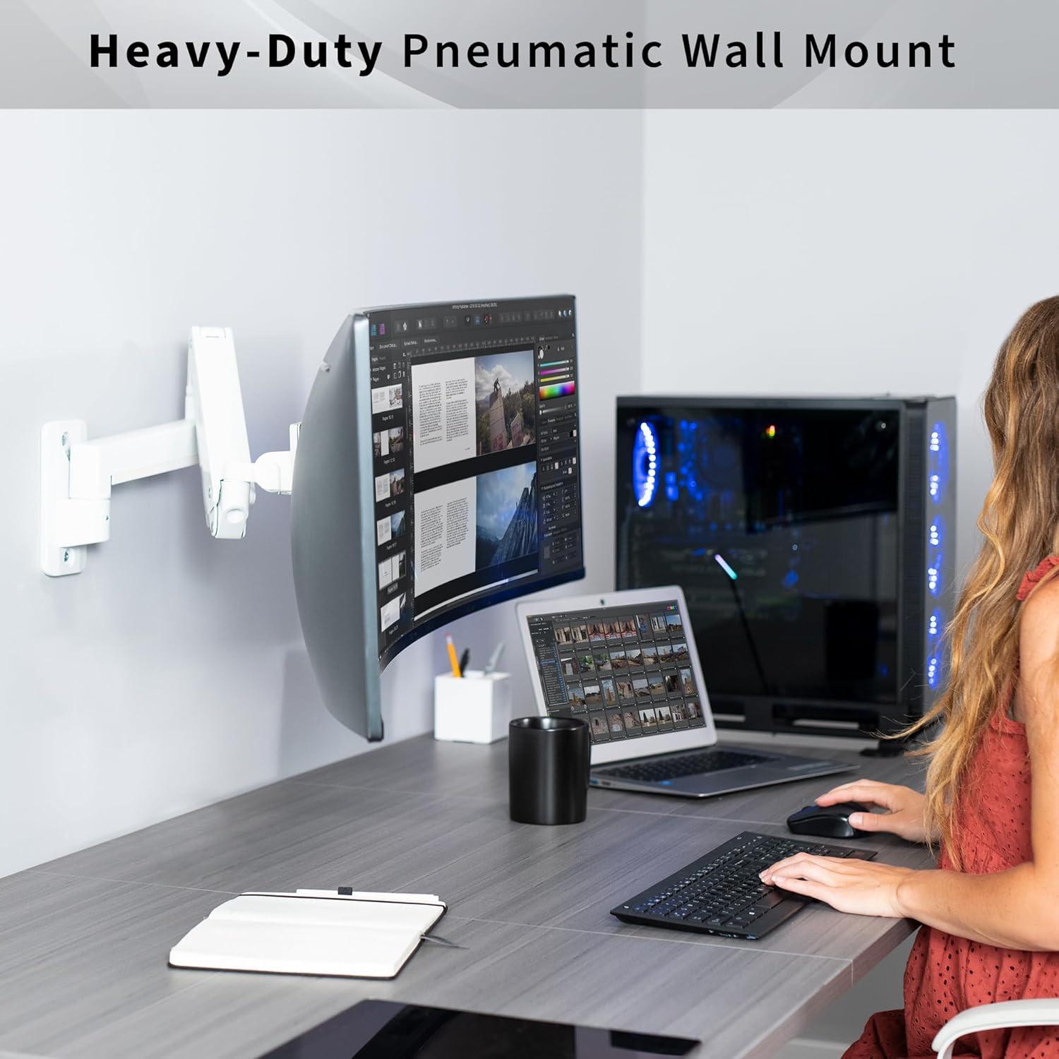 VIVO White Single Pneumatic Monitor Wall Mount, Fits Ultrawides up to 49"