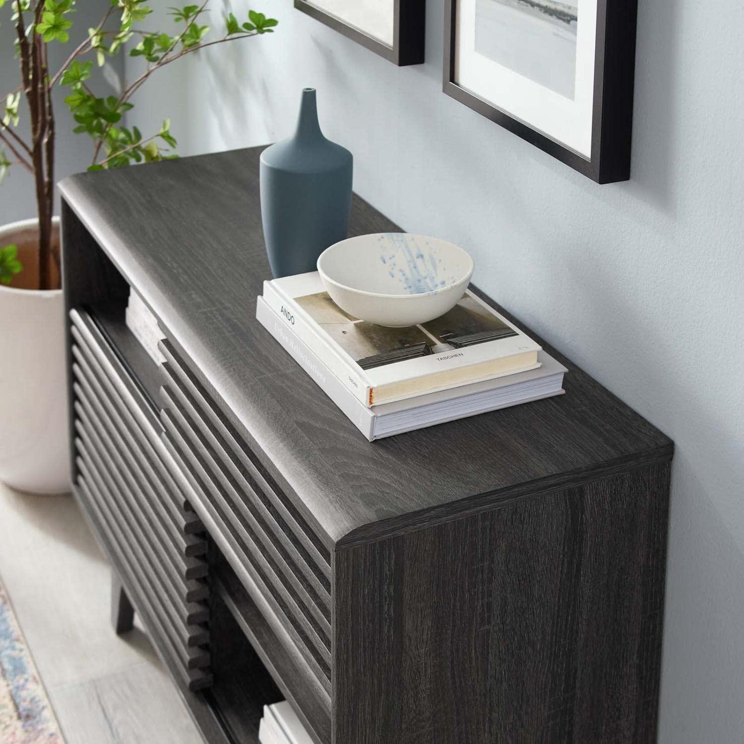 Render Display TV Stand for TVs up to 48" Charcoal - Modway: Modern Media Storage, Slatted Door, Cable Management