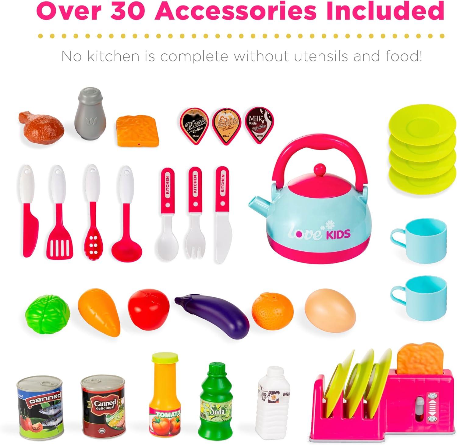 Best Choice Products Pretend Play Kitchen Toy Set for Kids with Water Vapor Teapot, 34 Accessories, Sounds