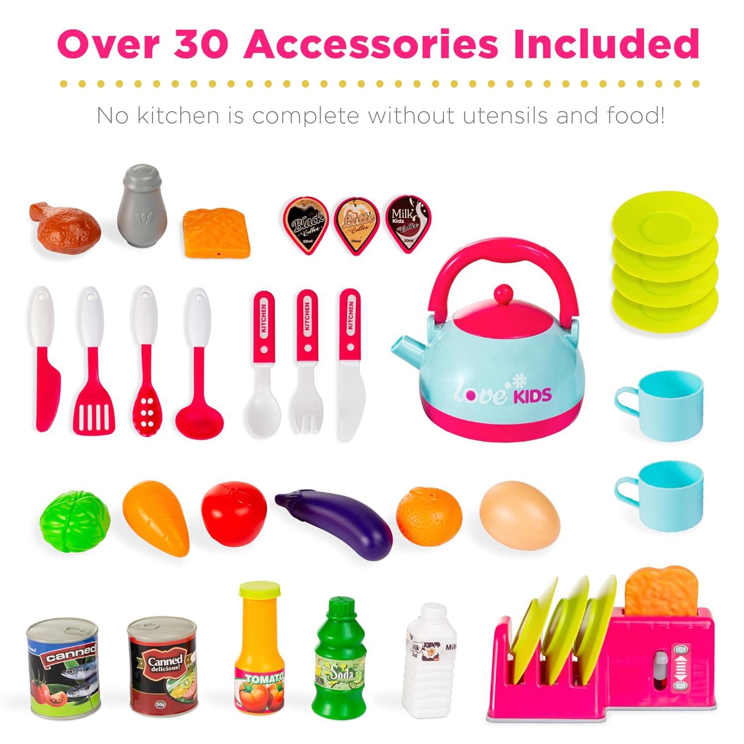 Best Choice Products Pretend Play Kitchen Toy Set for Kids with Water Vapor Teapot, 34 Accessories, Sounds