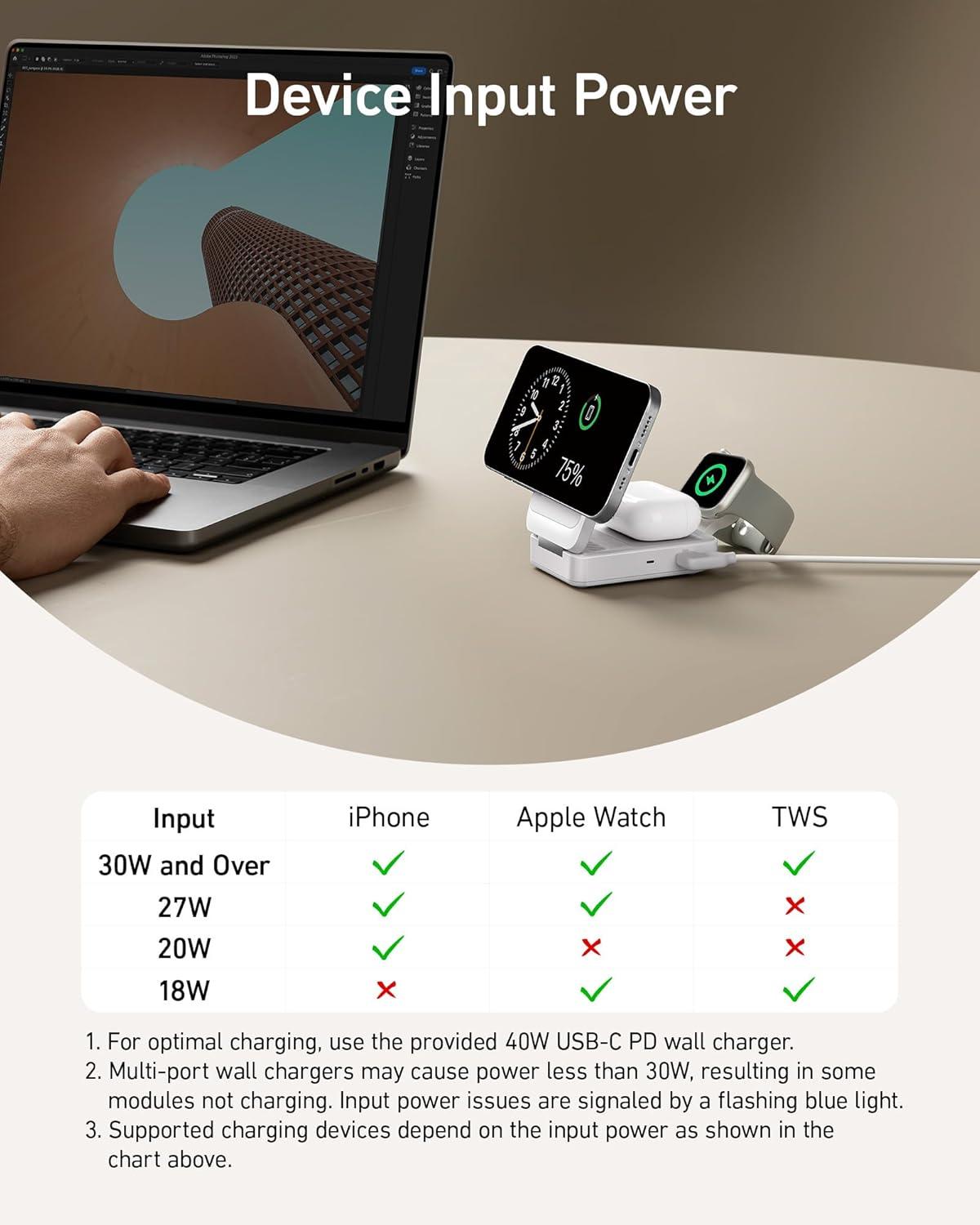 Anker MagGo 3-in-1 Qi2 Certified 15W MagSafe-Compatible Wireless Charger Stand, White
