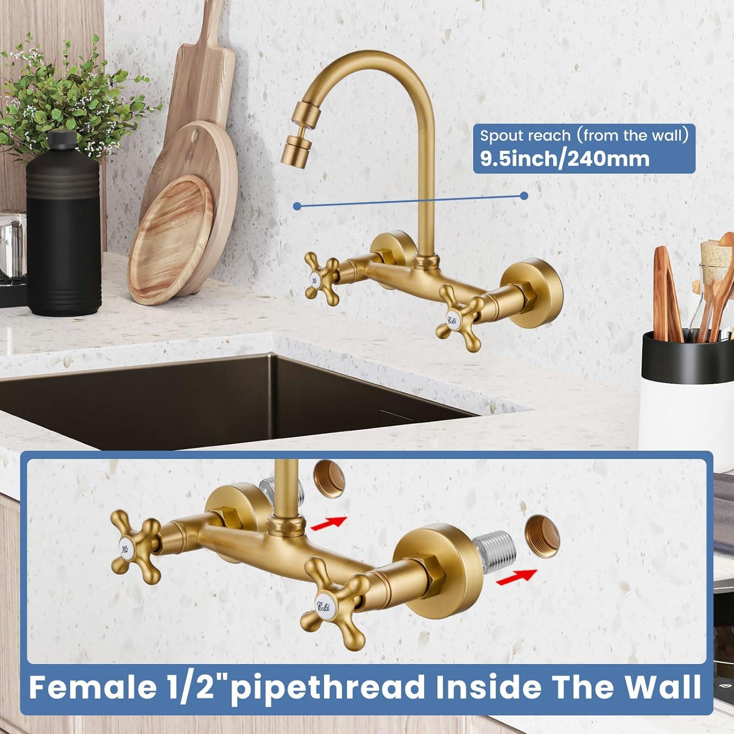 Airuida Wall Mount Kitchen Faucet with Sprayer Wall Mounted Kitchen Sink Faucet Double Cross Handles 360 Degree Swivel Spout Restaurant Mixer Tap Commercial 8 Inch Center Antique Brass