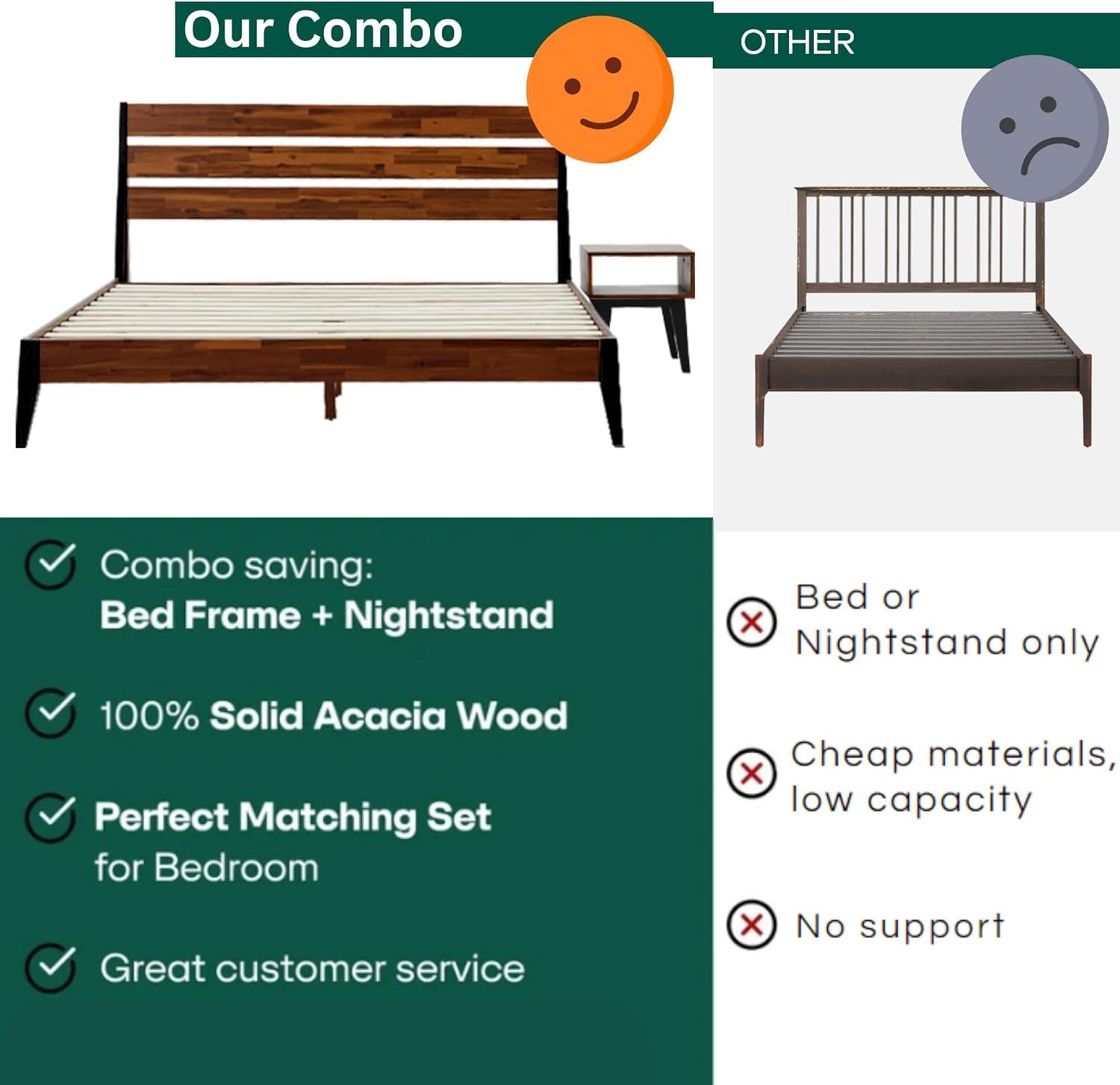 Acacia Emery 2-Pcs Bedroom Set – Solid Wood Platform Bed Frame & Matching Nightstand, Mid-Century Modern Farmhouse, 800 lbs Capacity, No Box Spring Needed