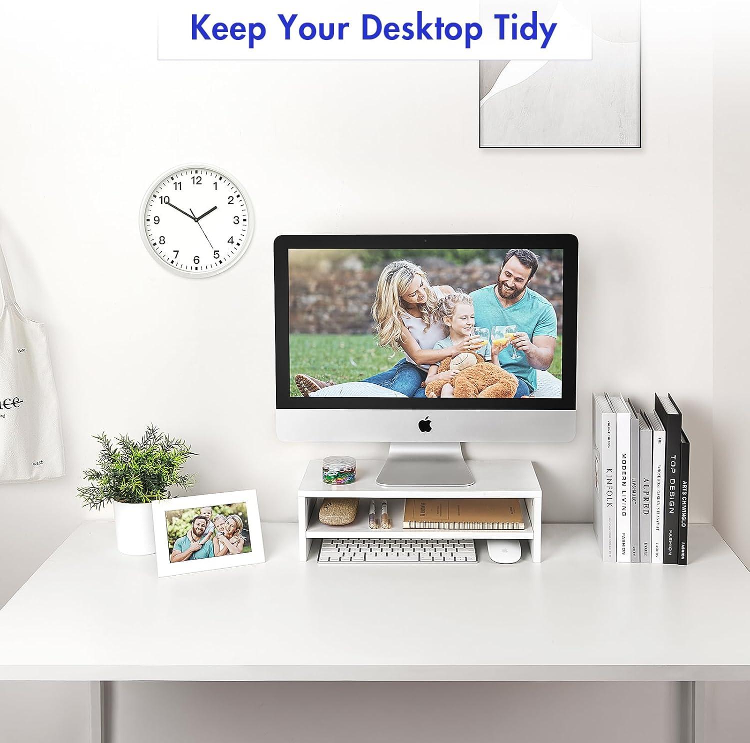 White MDF 2-Tier Monitor Stand with Storage