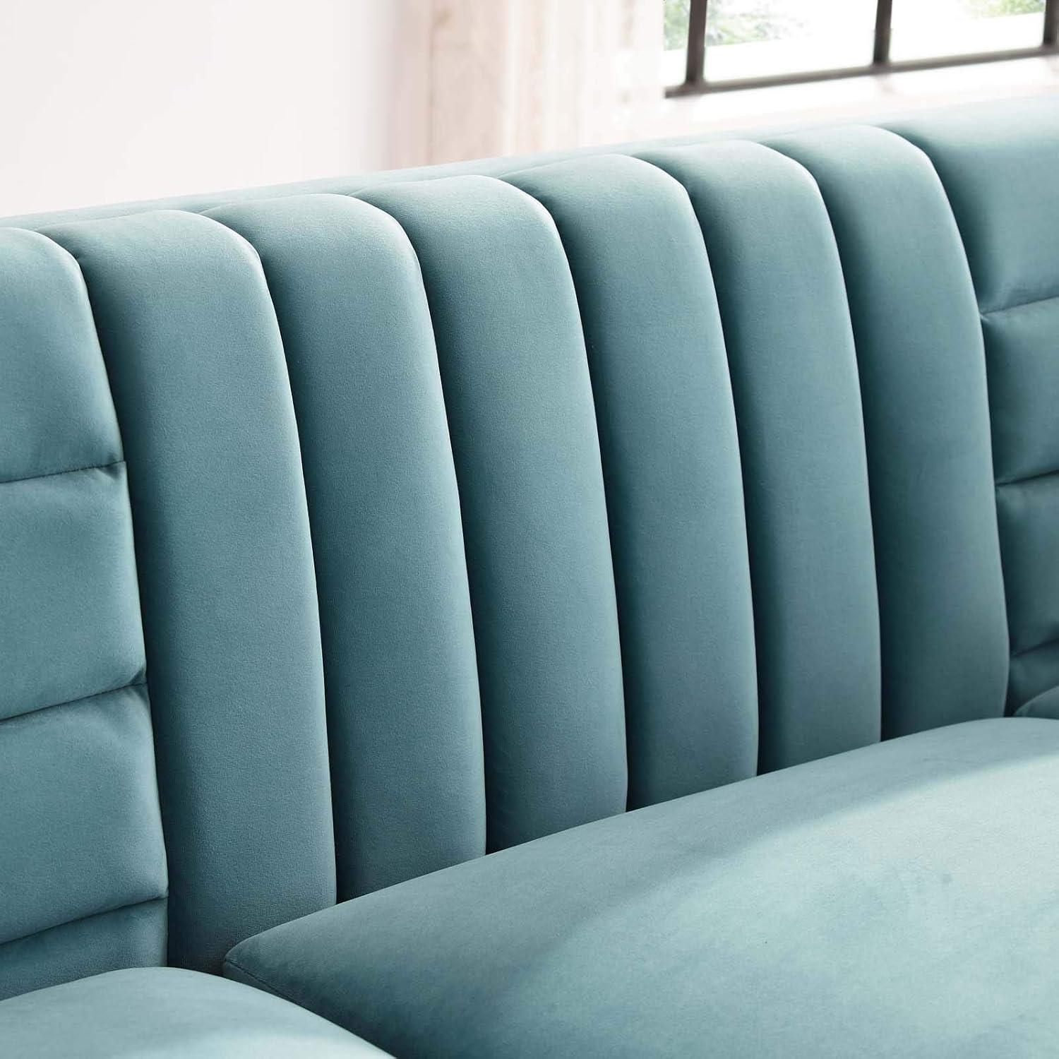 Light Blue Velvet Tufted Sofa with Gold Steel Legs