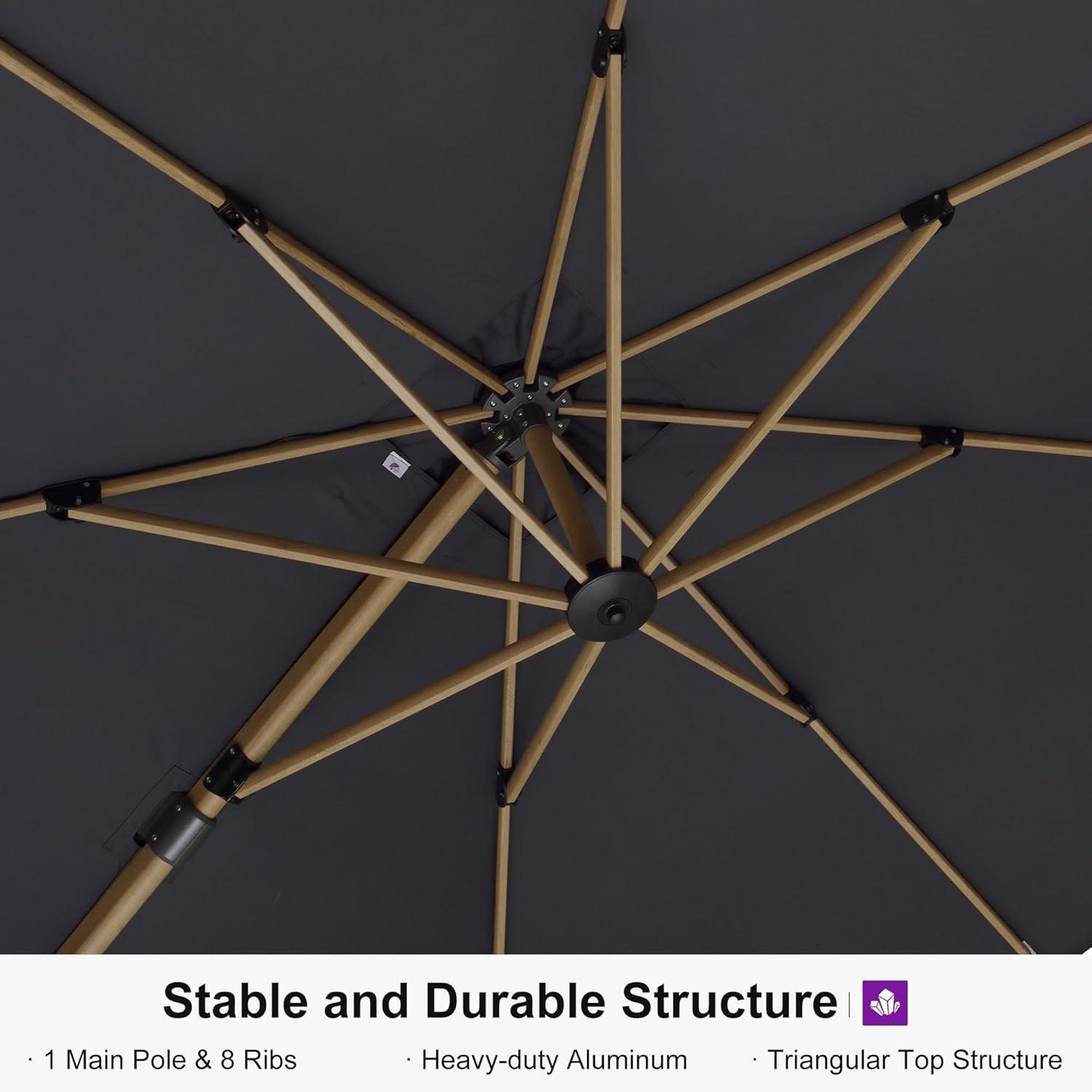 PURPLE LEAF 10FT Patio Umbrella Square Cantilever Umbrella Teak Finished Aluminum Frame Large Windproof Offset Outdoor Sun Umbrellas for Beach Pool Deck, Grey