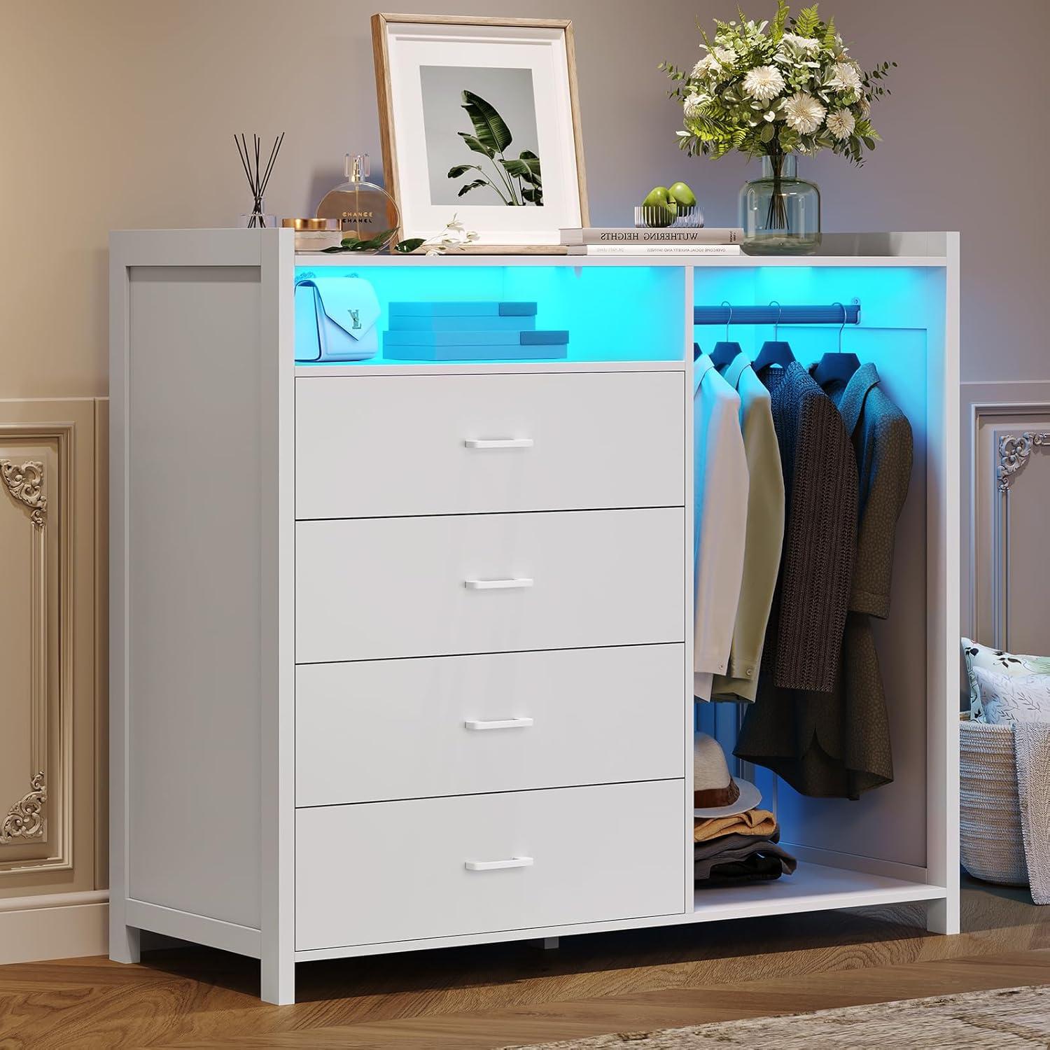 4 Drawer Dresser with Clothing Rack and LED Lights, Modern LED Dresser for Bedroom, Black