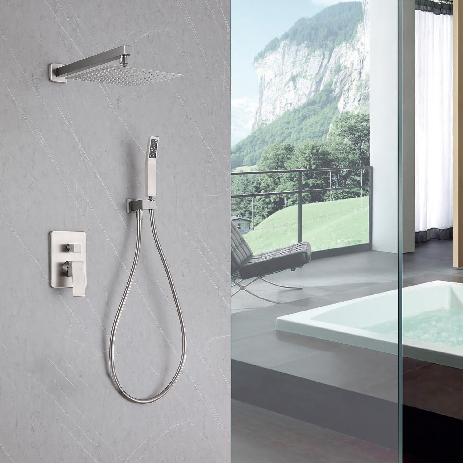 AWZTOO Wall Mounted Shower Faucet With Hand Shower Modern Shower System Set 10 Inch Rainfall Shower Head With Pressure Balance Valve Brushed Nickel