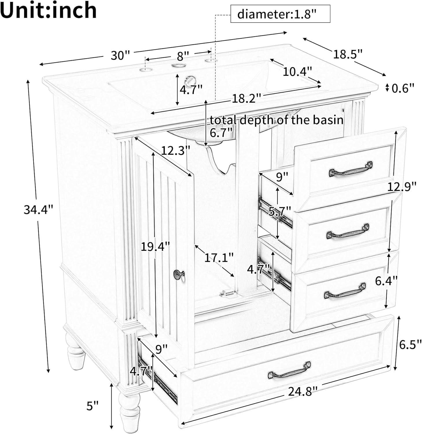 KEAIDO 30" Bathroom Vanity with Sink, Bathroom Storage Cabinet with 3 Drawers and a Door, Freestanding Bathroom Vanity with Solid Wood Legs & MDF Board