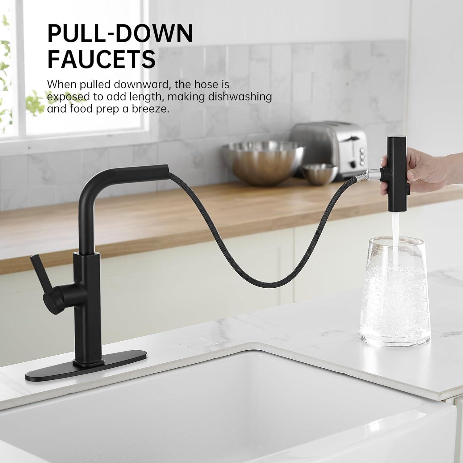 Kitchen Faucets With Pull Down Sprayer Matte Black Waterfall Rv Kitchen Sink Faucet With Sprayer 3-Mode Commercial High Arc Single Hole Or 3 Hole Stainless Steel Laundry Faucet With 360° Swivel