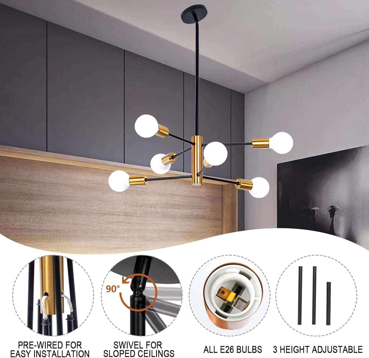 Black and Gold Modern Sputnik Chandelier Ceiling Light Fixtures, 6-Lights Mid Century Industrial Metal Semi Flush Mount Lamp for Bedroom Dining Room Living Room Kitchen Hallway Office