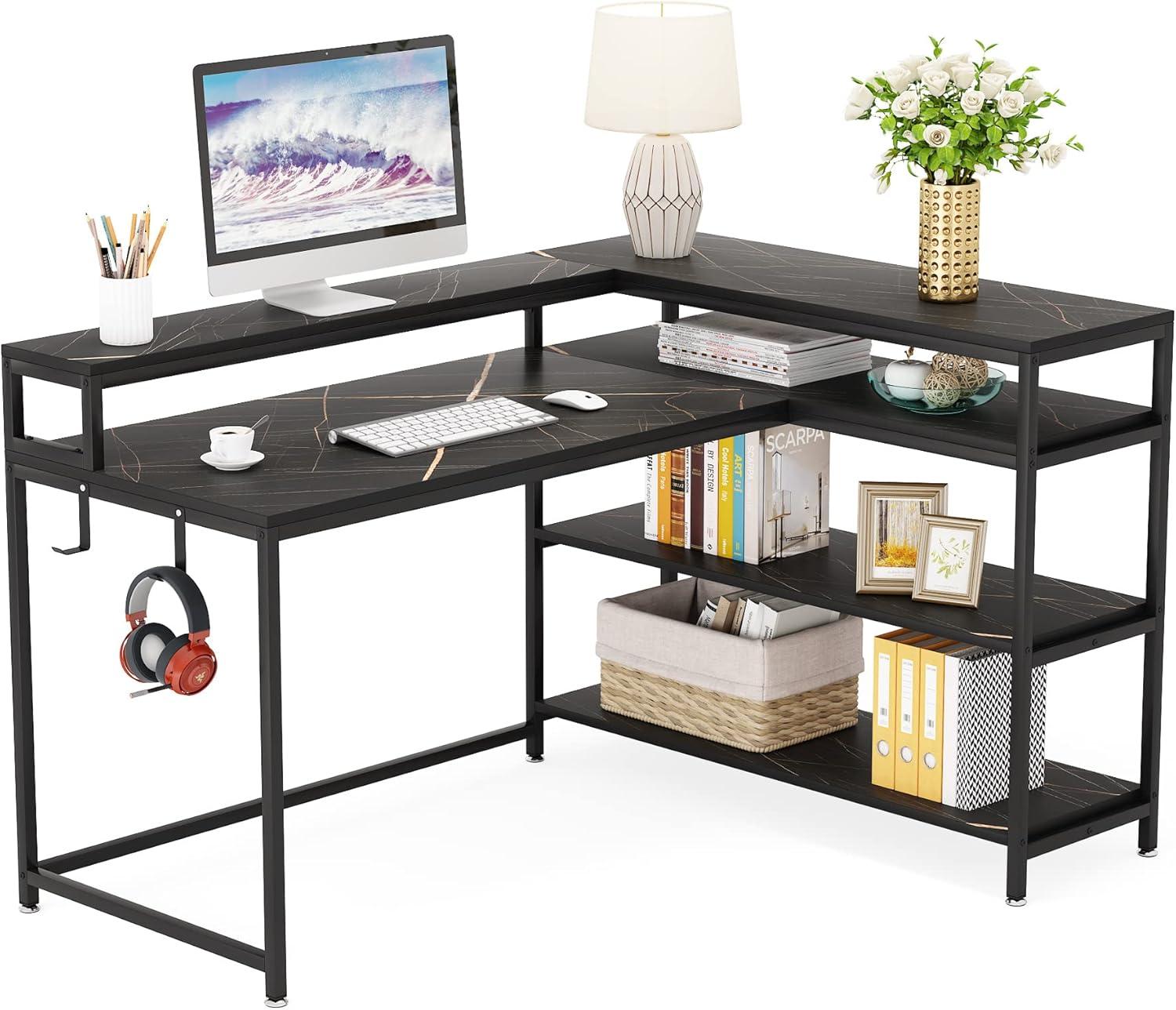 Black Faux Marble L-Shaped Gaming Desk with Shelves