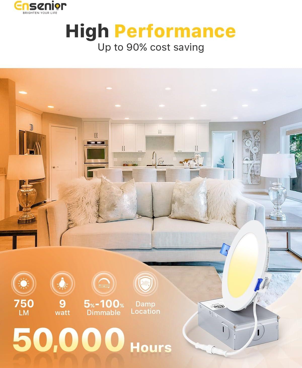 Ensenior 12 Pack 4 Inch Ultra-Thin LED Recessed Ceiling Light with Junction Box, 3000K/4000K/5000K Selectable, 9W 75W Eqv, Dimmable, 750LM High Brightness - ETL and Energy Star Certified 4 Inch 5000k/4000k/3000k - 3cct White