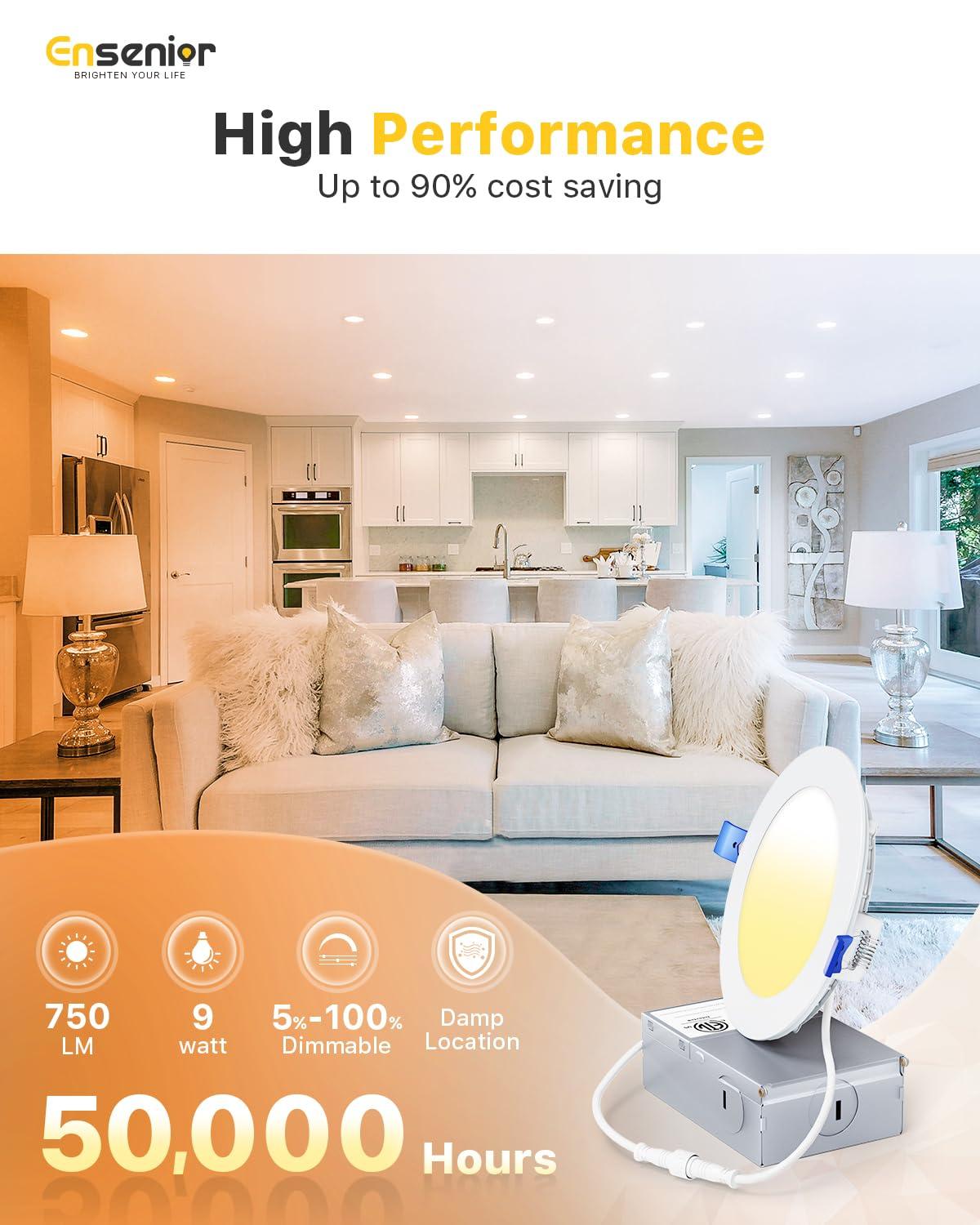 Ensenior 12 Pack 4 Inch Ultra-Thin LED Recessed Ceiling Light with Junction Box, 3000K/4000K/5000K Selectable, 9W 75W Eqv, Dimmable, 750LM High Brightness - ETL and Energy Star Certified 4 Inch 5000k/4000k/3000k - 3cct White