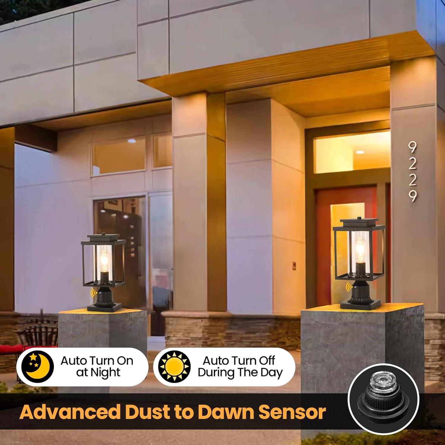 Dusk to Dawn Outdoor Post Light Hardwired, Black Lamp Post Lights with Pier Mount Base, Waterproof Exterior Lamp Post Lantern with Clear Class, Pole Light for Garden Yard Patio Pathway