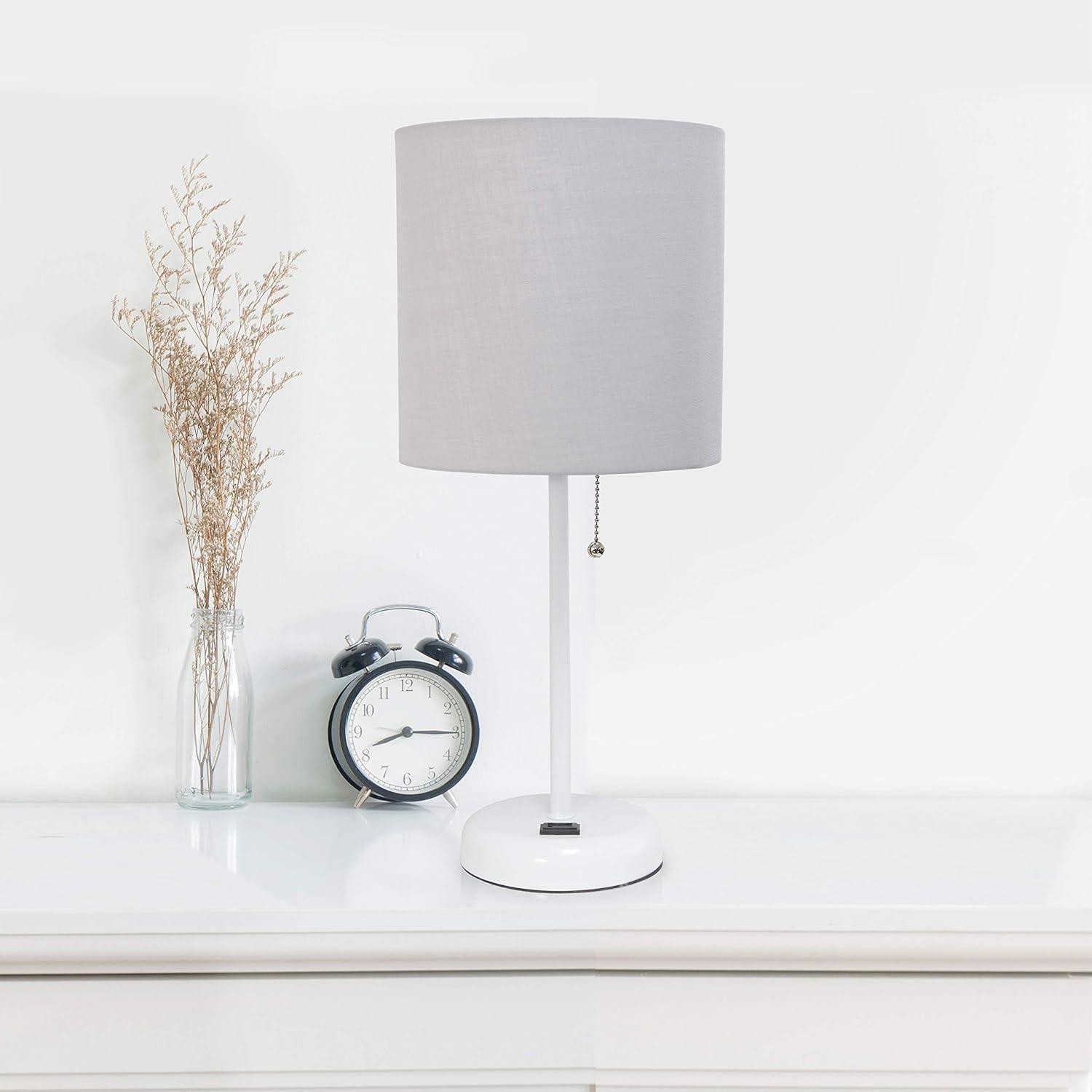 LimeLights White Stick Lamp with Charging Outlet and Fabric Shade, Gray