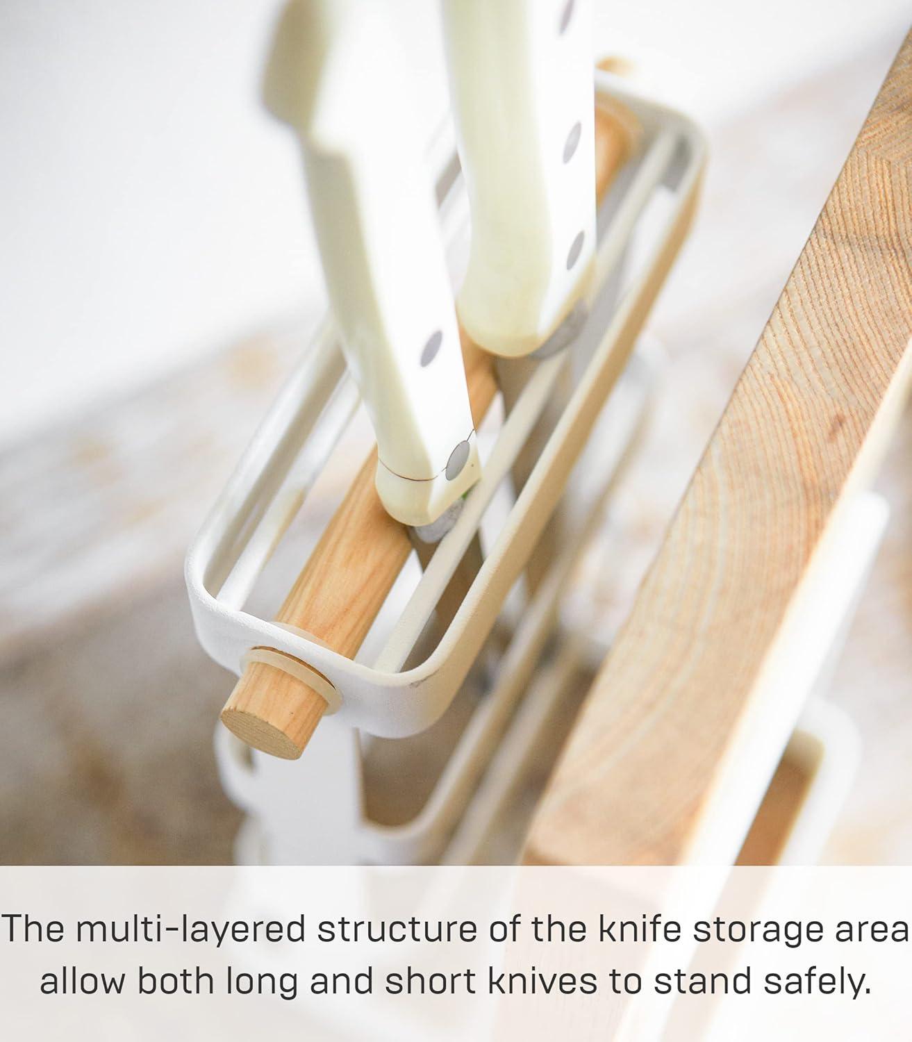 White Steel and Wood Countertop Knife and Cutting Board Organizer