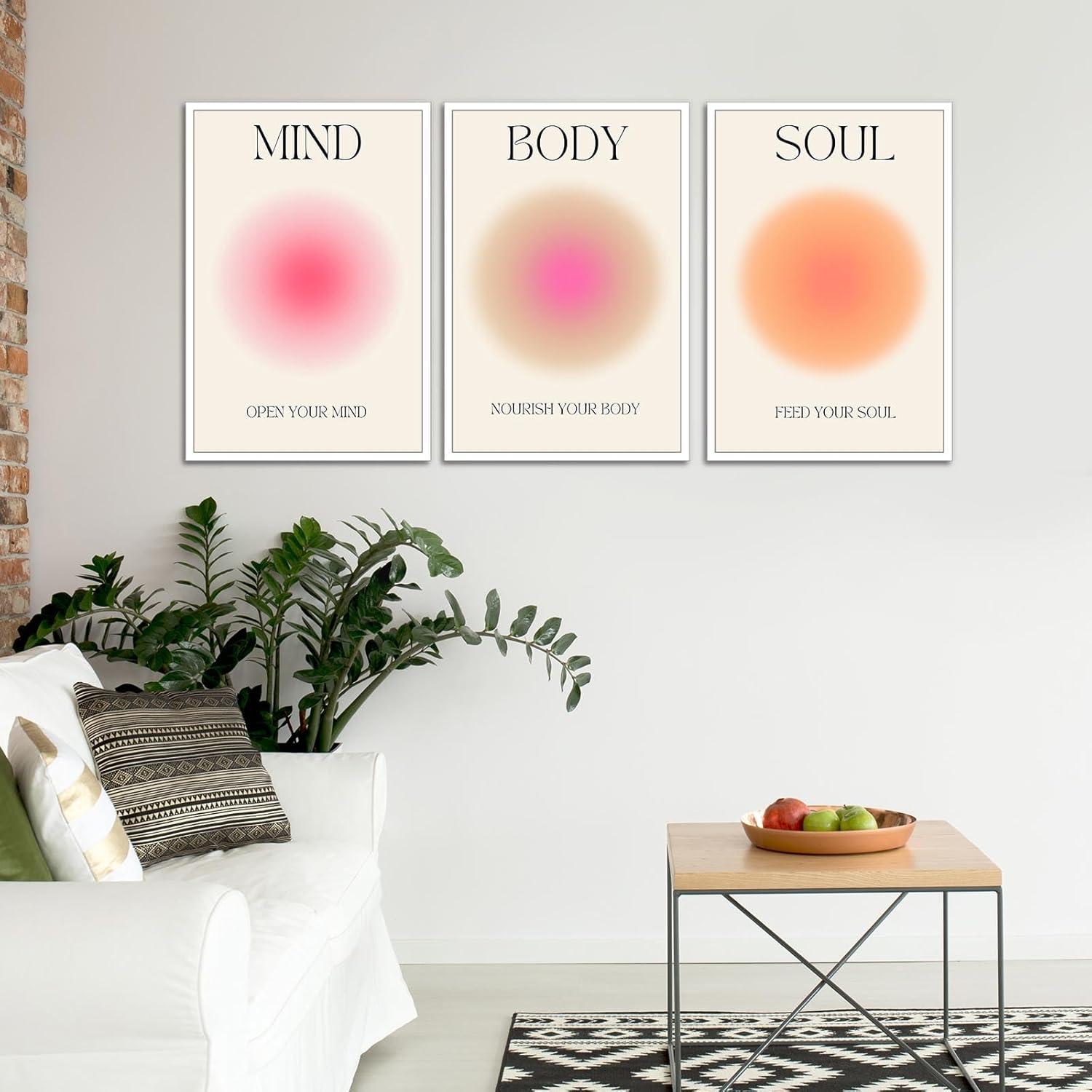 Asdg12s-Positive Aura Posters for Room Aesthetic 3 Piece Colorful Aura Grainy Gradient Canvas Wall Art Spiritual Soul Body Mind Quote Print Painting Danish Pastel Home Wall Decor for Bedroom