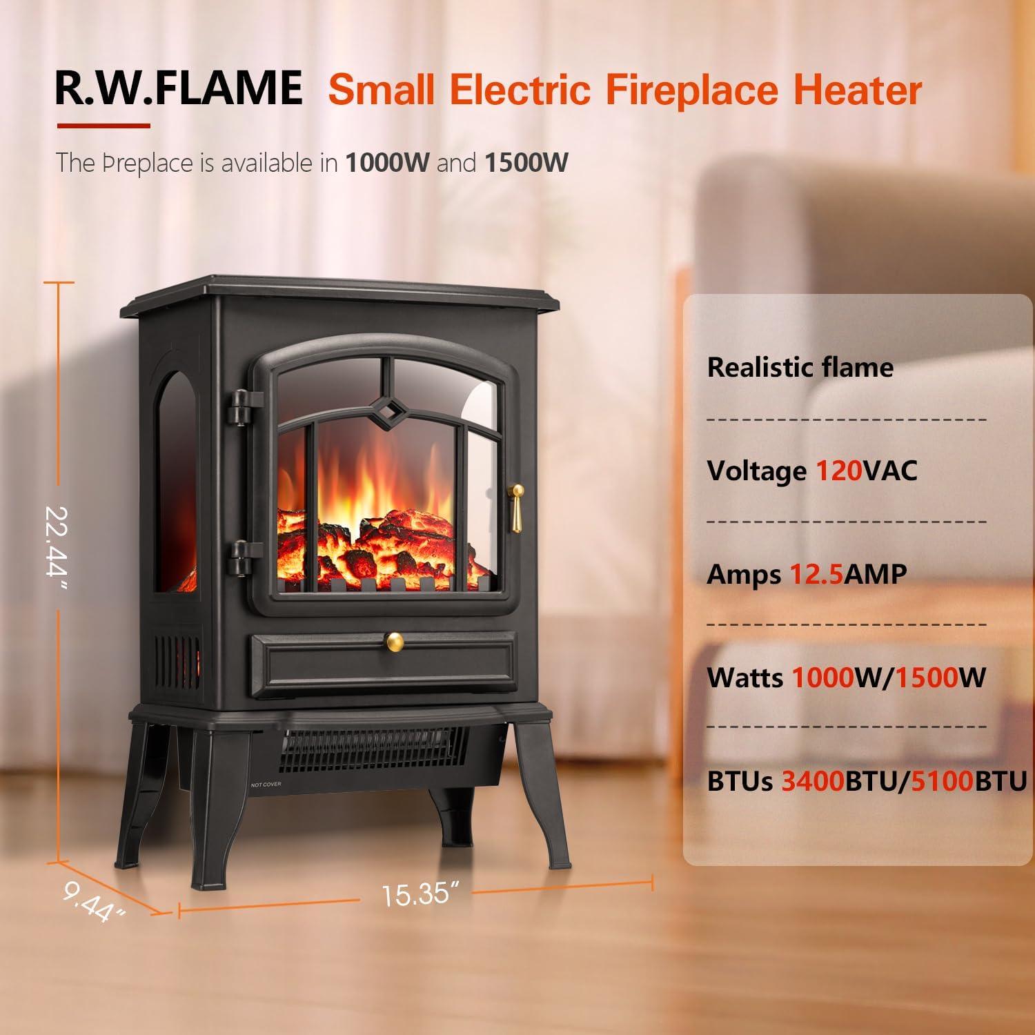 WAA Infrared Electric Fireplace Stove,15" Freestanding Fireplace Heater,Adjustable Brightness and Heating Mode,1000W/1500W,Black