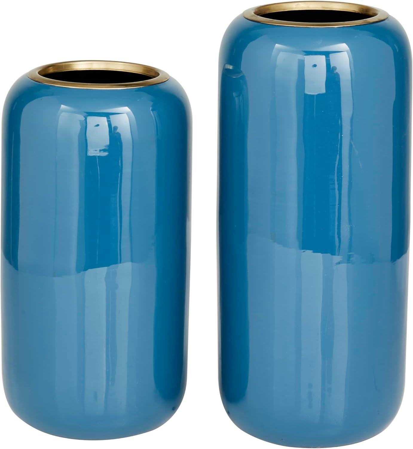 Blue Solid Polished Metal Round Vase Set of 2 - Modern Indoor Decor