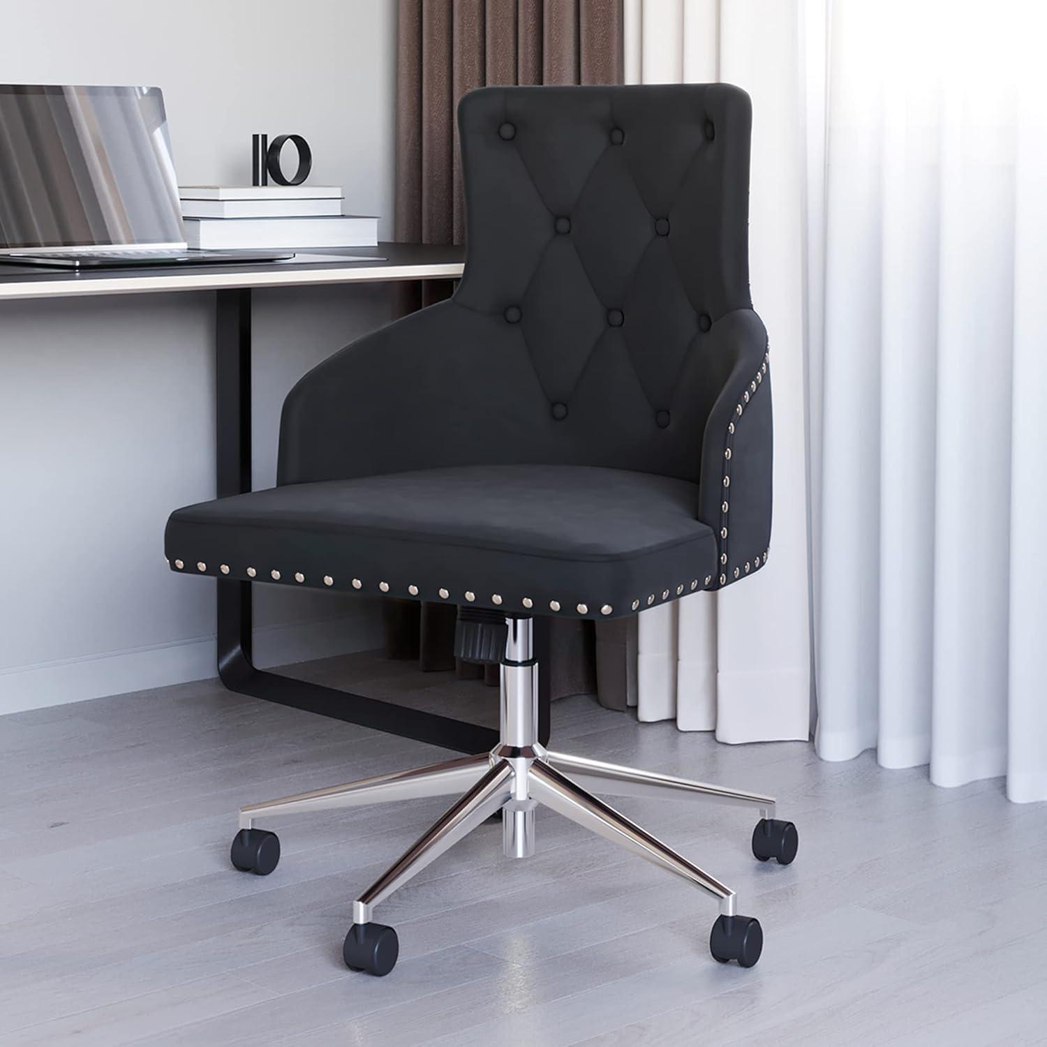 BELLEZE Belden Button-Tufted Upholstered Fabric Mid-Back Swivel Computer Desk Chair, Black & Gold