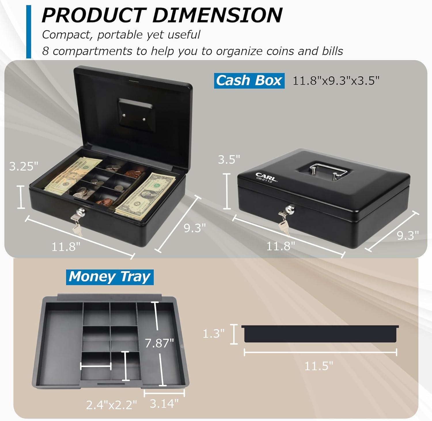 CARL Bill Tray Steel Security Cash Box - Steel - Black - 4" Height x 9" Width