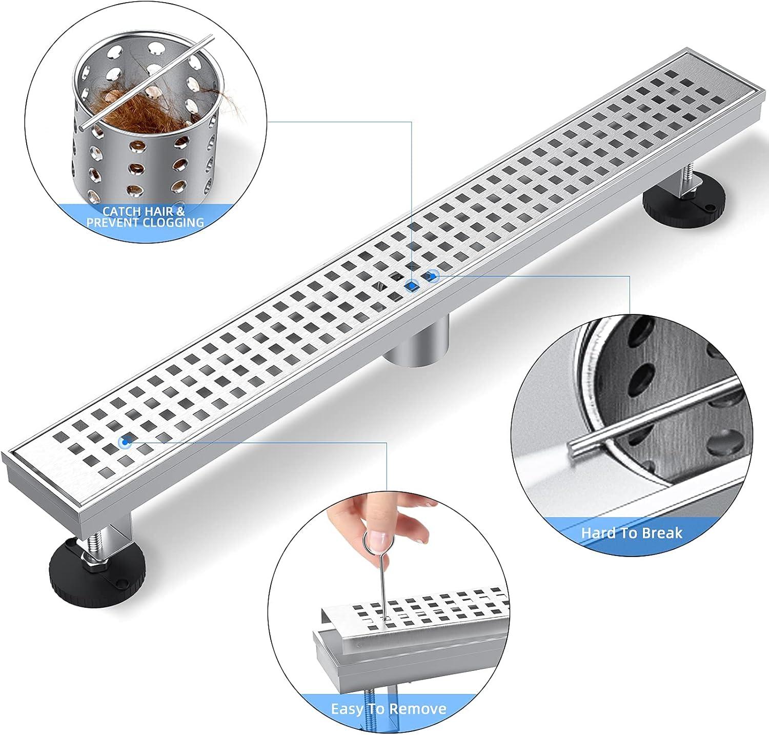 Accreate 24 Inch Linear Shower Drain, Brushed Nickel Shower Floor Drain, High Flow Shower Drain Kit with Removable Grid Cover, Hair Filter and Adjustable Leveling Feet