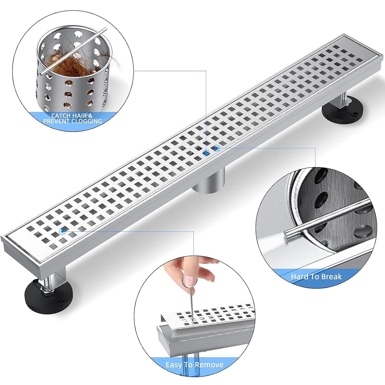 Accreate 24 Inch Linear Shower Drain, Brushed Nickel Shower Floor Drain, High Flow Shower Drain Kit with Removable Grid Cover, Hair Filter and Adjustable Leveling Feet