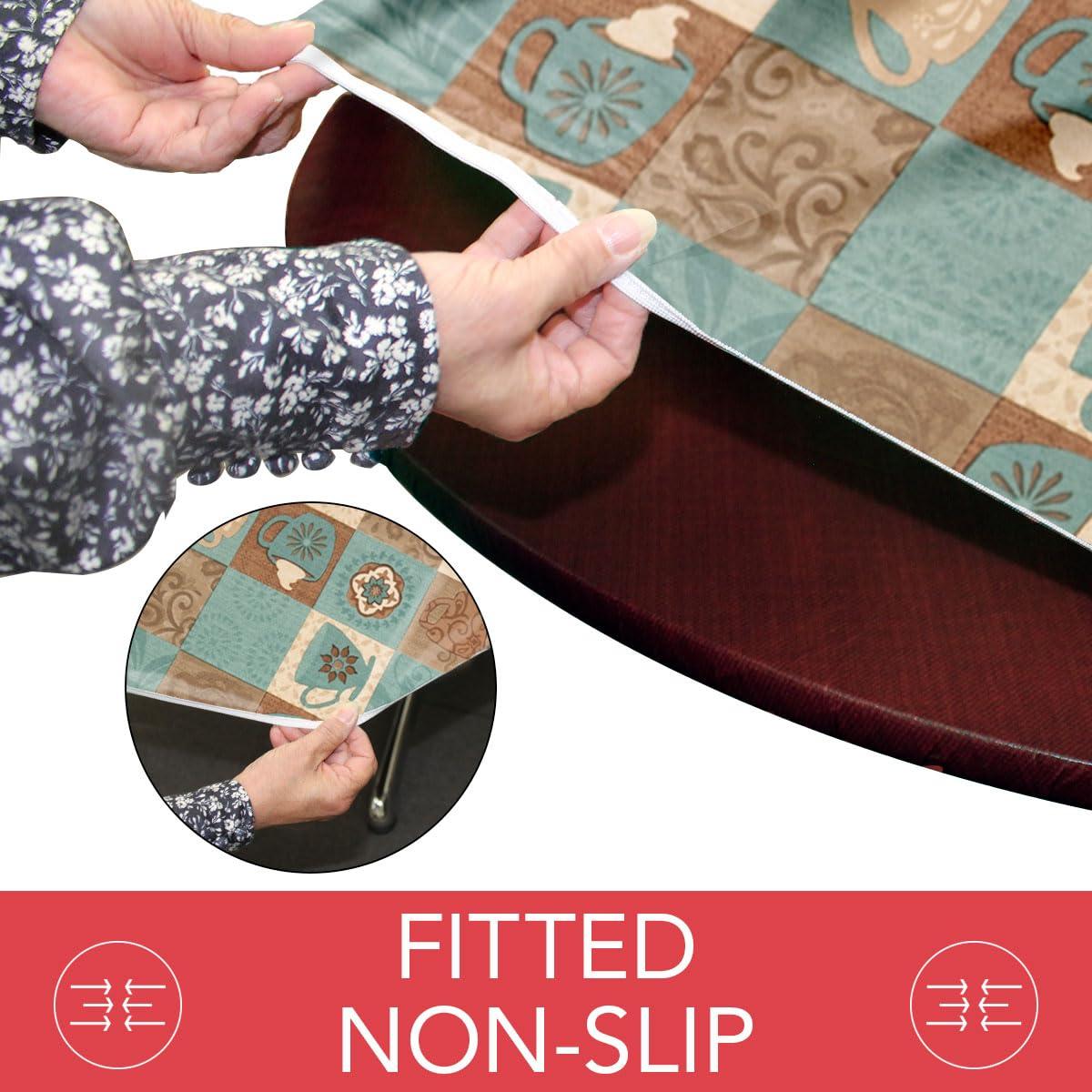 Covers For The Home Deluxe Elastic Edged Flannel Backed Vinyl Fitted Table Cover - Global Coffee Pattern - Small Round - Fits Tables up to 40" - 44" Diameter (ETCOF48)