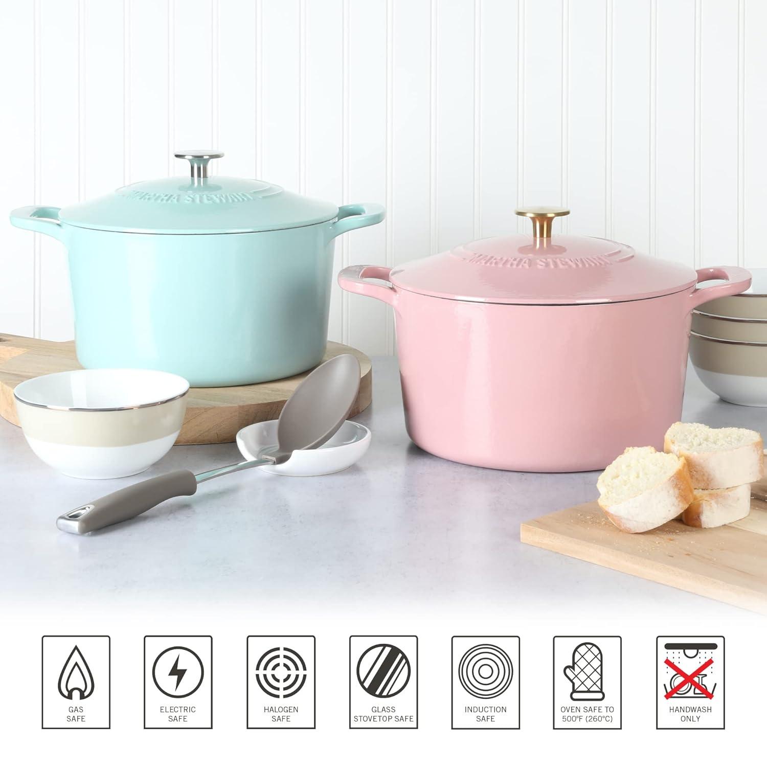 Martha Stewart Gatwick 7qt Enamel Cast Iron Dutch Oven Blue: 7 Quart Pot, Oven-Safe, Smooth Surface Compatible