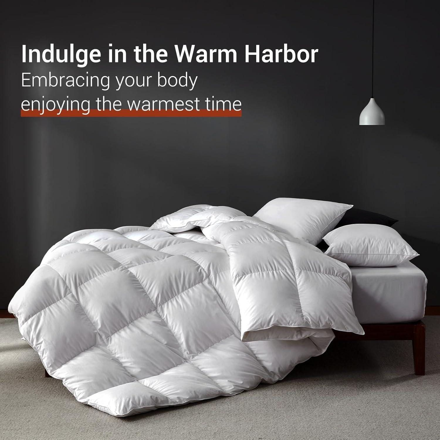 White Goose Feathers Down Fiber Comforter Queen Size, Premium All Season Duvet Insert, 750 Fill 1200TC Power Hotel Style Bedding Comforter, 42 Oz Lightweight and Medium Warmth (90x90,White)