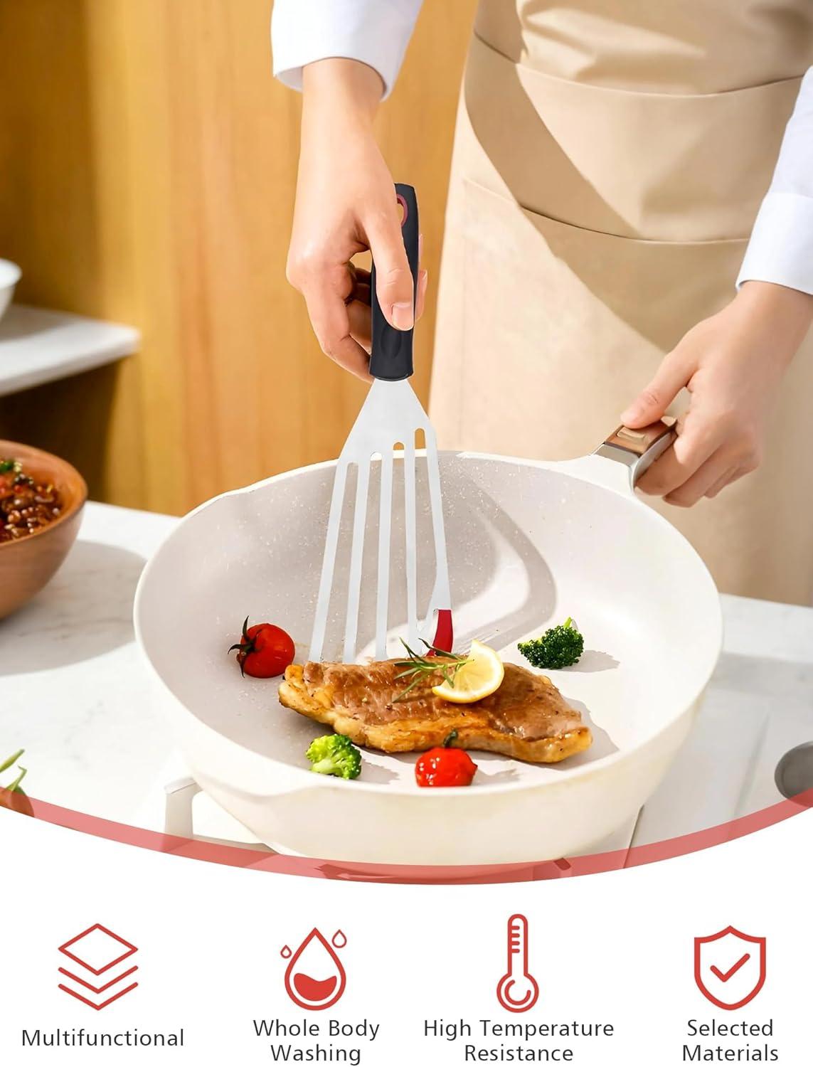 Fish Spatula Turner Set of 2, Heat Resistant Silicone Edge Slotted Fish Spatulas for Nonstick Cookware, Flexible and Thin Stainless Steel Kitchen Cooking Spatula Flipper for Fish, Egg, Pancake