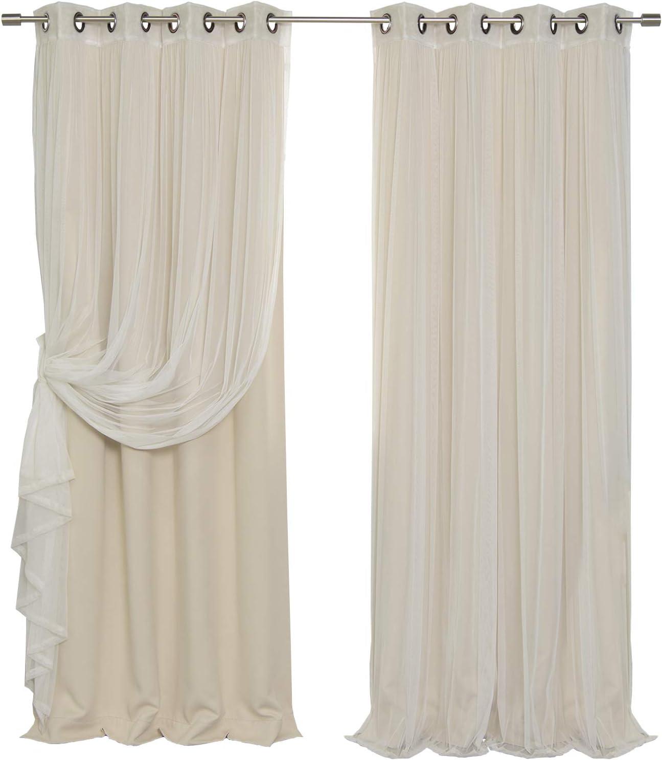 Best Home Fashion Mix & Match Tulle Sheer Lace & Blackout Curtain Set, Antique Bronze Grommet Top, Beige, 52"W X 96"L, (2 Curtains and 2 Sheer curtains)