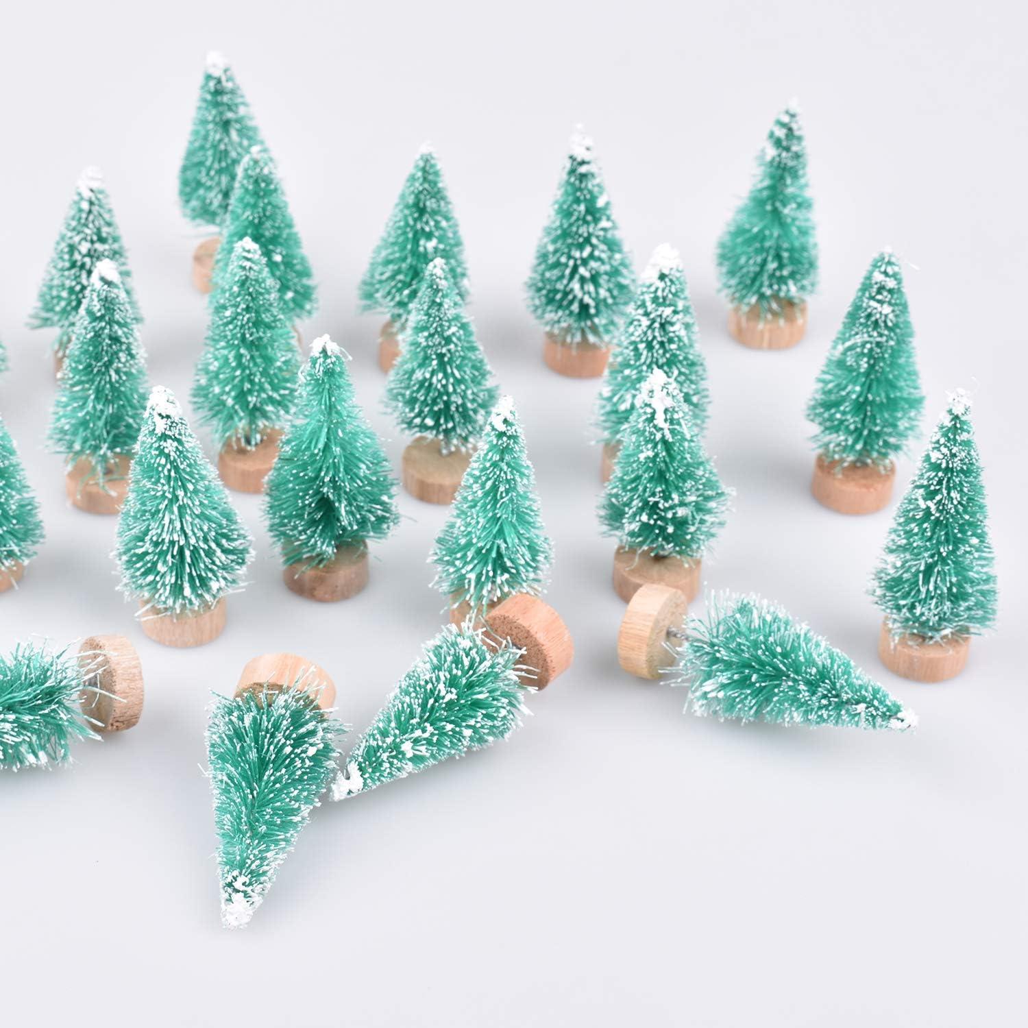 24 Pieces Artificial Mini Christmas Sisal Snow Frost Trees with Wood Base Bottle Brush Trees Plastic Winter Snow Ornaments Tabletop Trees for Christmas Party Home Decoration