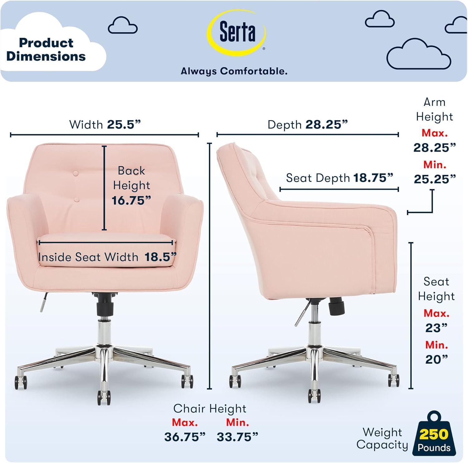 Serta Style Ashland Home Office Chair Party Blush Pink: Upholstered, Adjustable, with Casters/Wheels