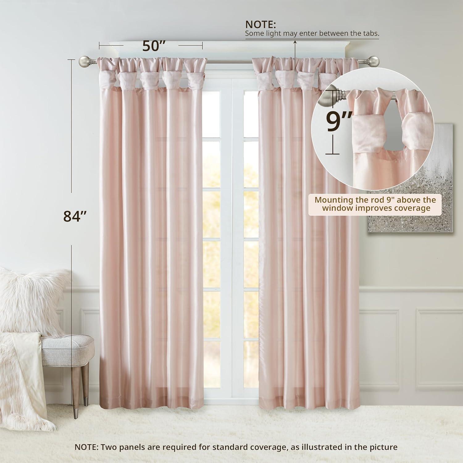 Madison Park Solid Pattern Faux Silk Twist Tab Top Curtain Panel, 50'' x 84'', Blush