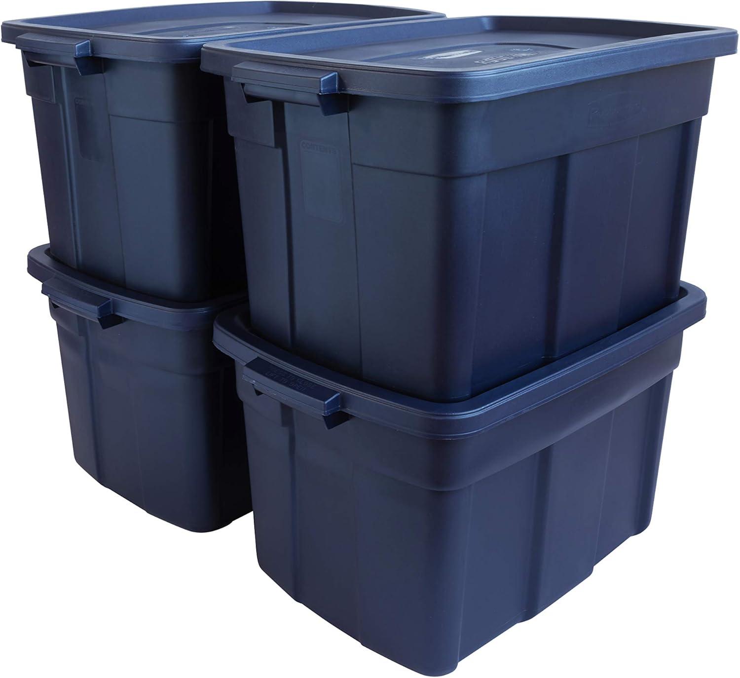 Rubbermaid Roughneck 25 Gallon Rugged Stackable Storage Container with Tight Lid for Indoor or Outdoor Home Organization, Dark Indigo Metallic, 4 Pack