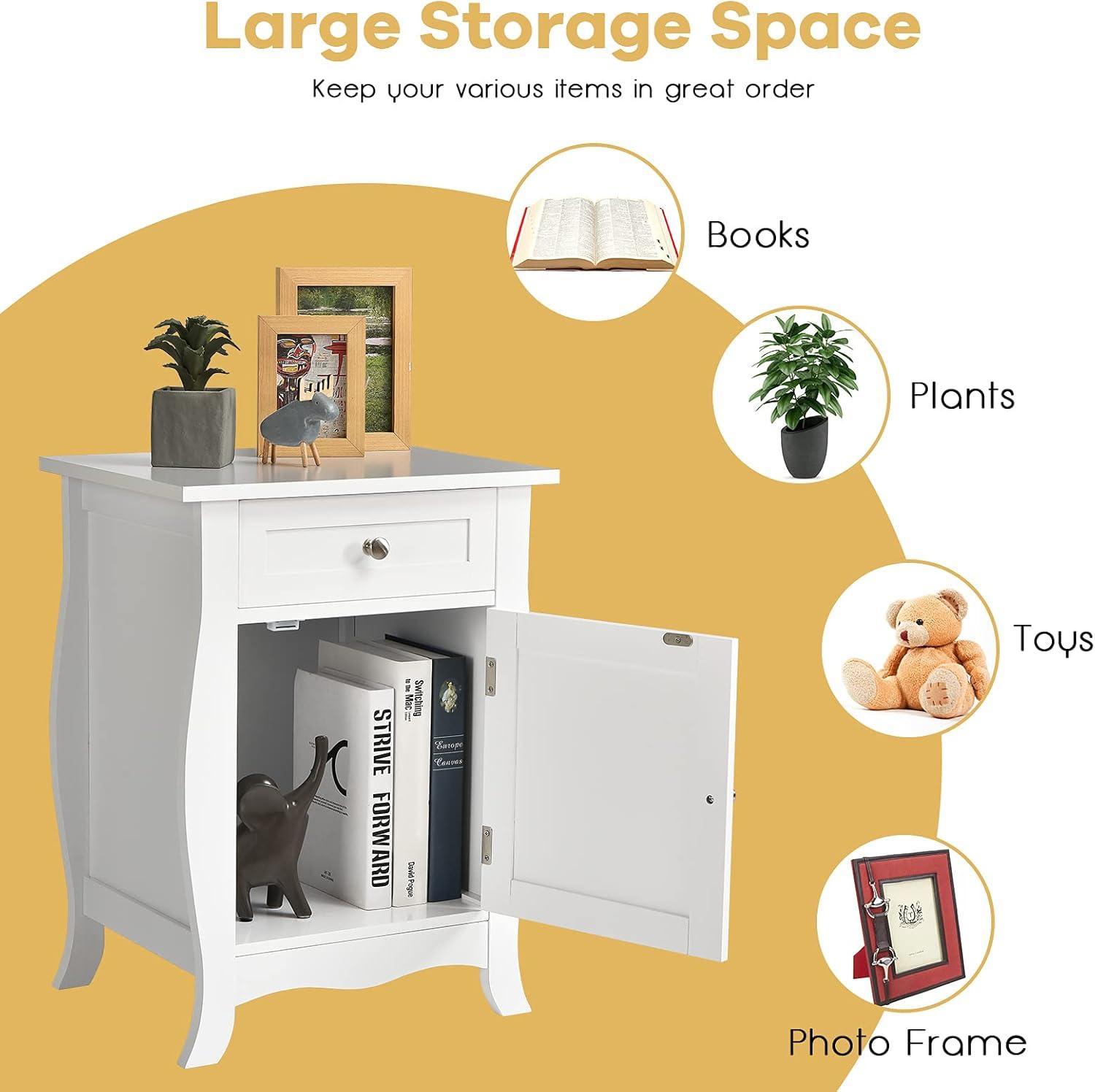 Costway Accent End Table with Drawer Storage Cabinet Wooden Nightstand White