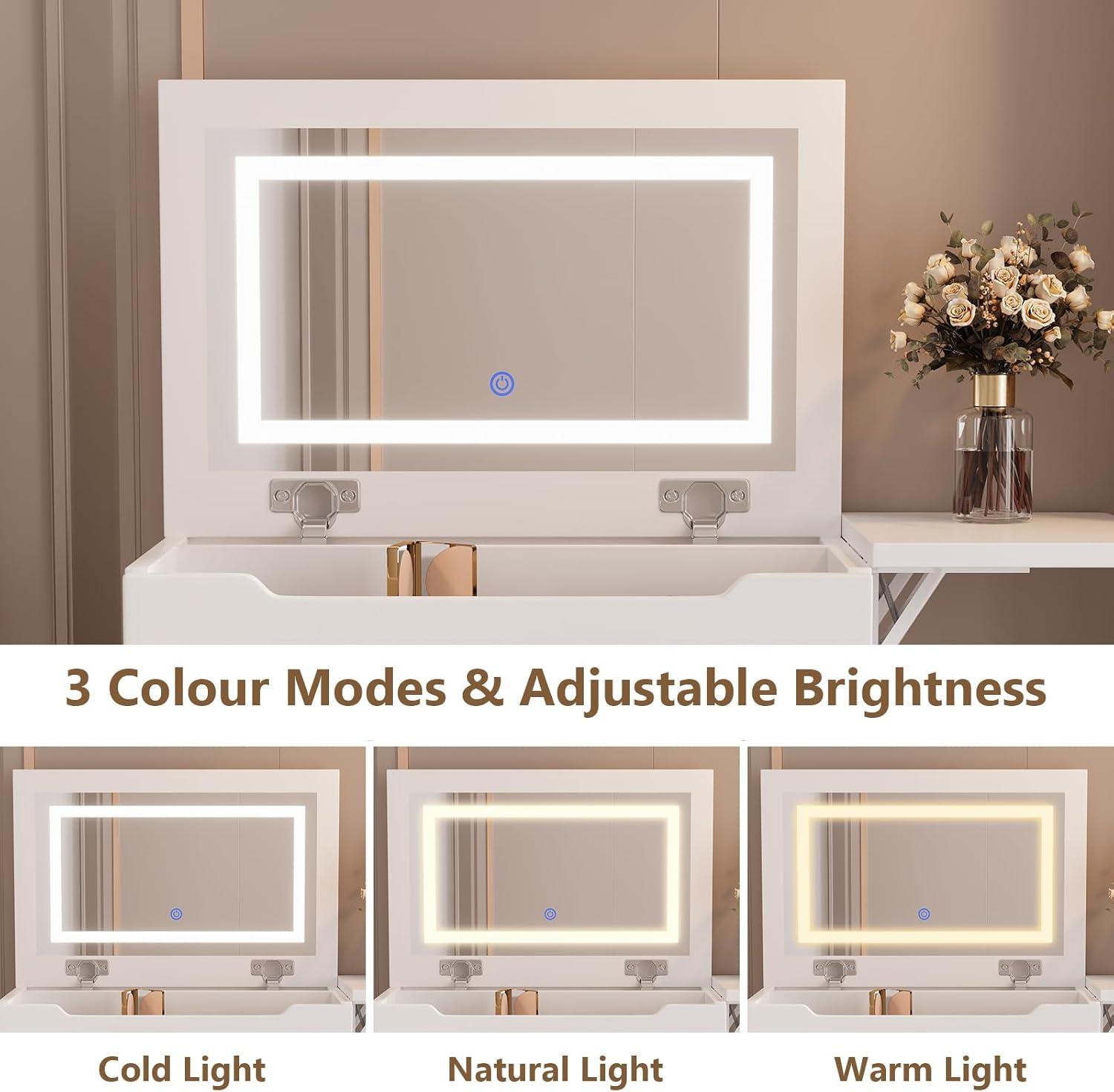 Makeup Vanity Desk with Mirror and Lights, 3-in-1 Vanity Set with 3 Drawers, Small Makeup Vanity with Hidden Stool, Compact Dressing Table Charging Station for Bedroom-White