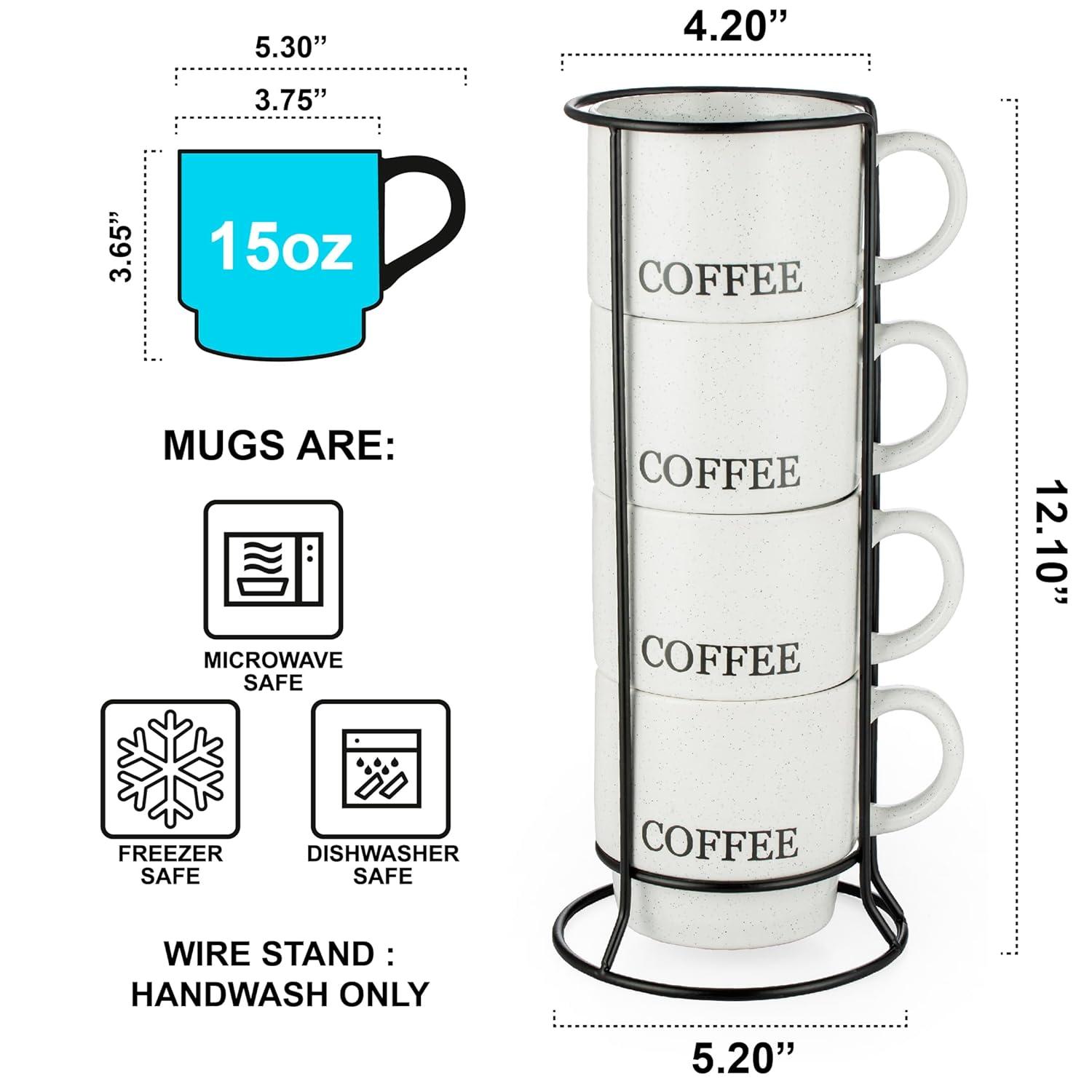 Signature Housewares Stackable Coffee Mug Tower Set with Metal Wire Rack - 15 Ounce Coffee Mugs for Coffee, Tea, Cocoa, Milk, Cappuccino, Hot Chocolate Set of 4 - White Coffee