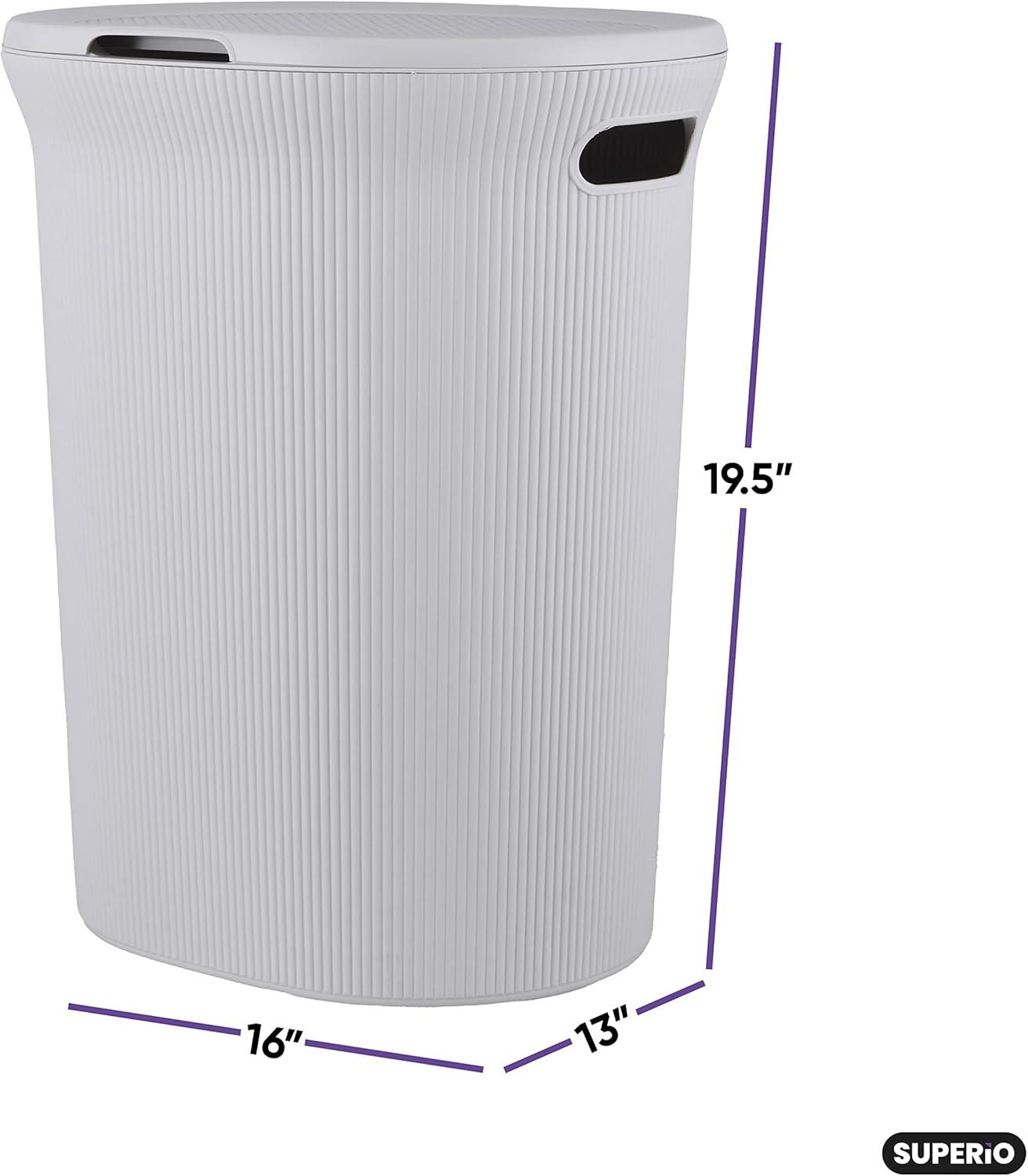 White Ribbed Plastic Laundry Hamper with Lid and Handles