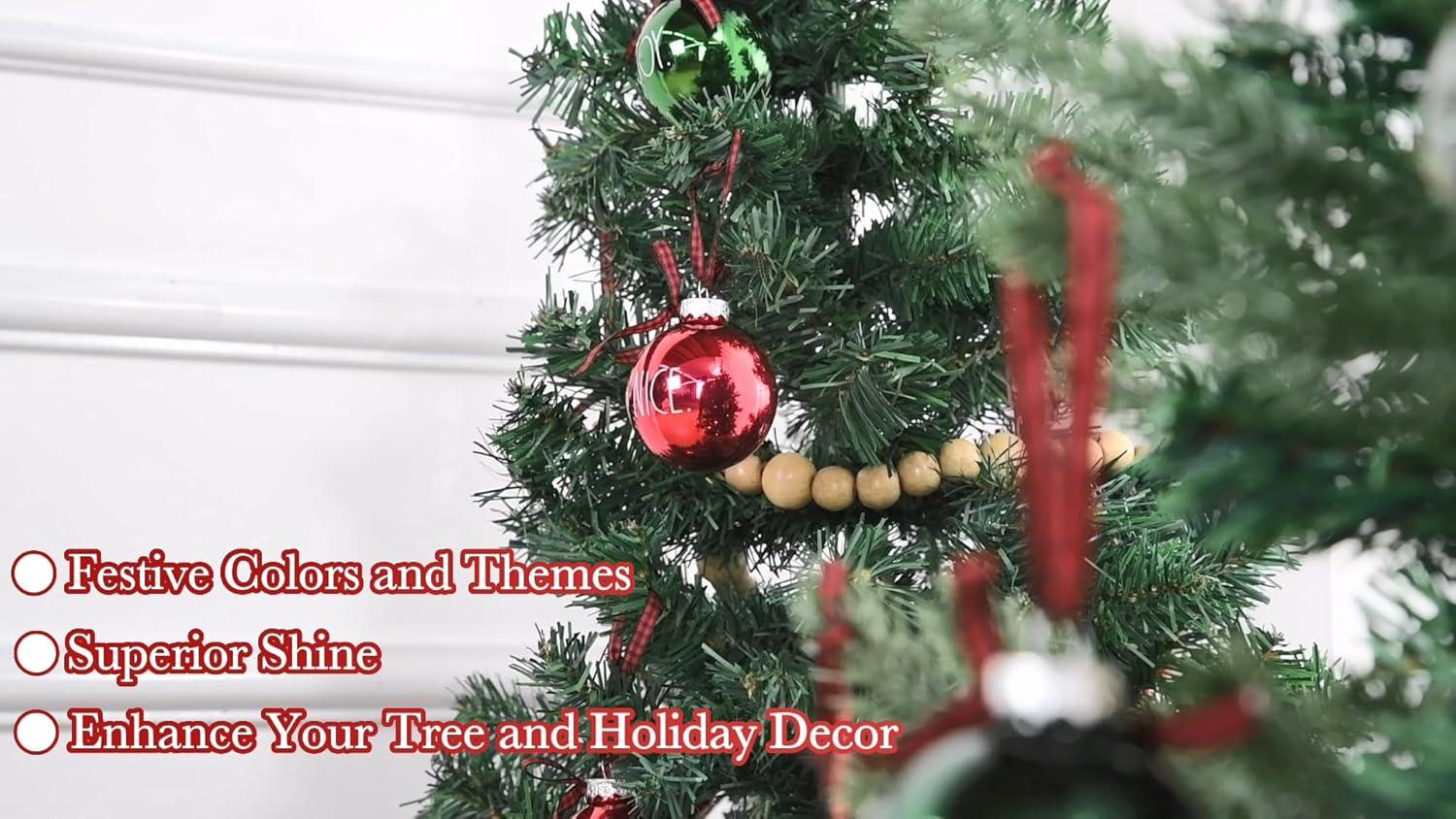 Rae Dunn Christmas Ornaments - Set of 12 Clear Glass Balls with Cute Holiday Designs - 60mm / 2.36 Inch Hanging Decorations for Xmas Tree