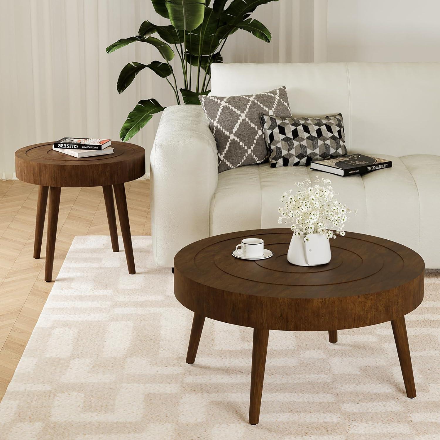 Round Walnut Wood Nesting Coffee Table Set