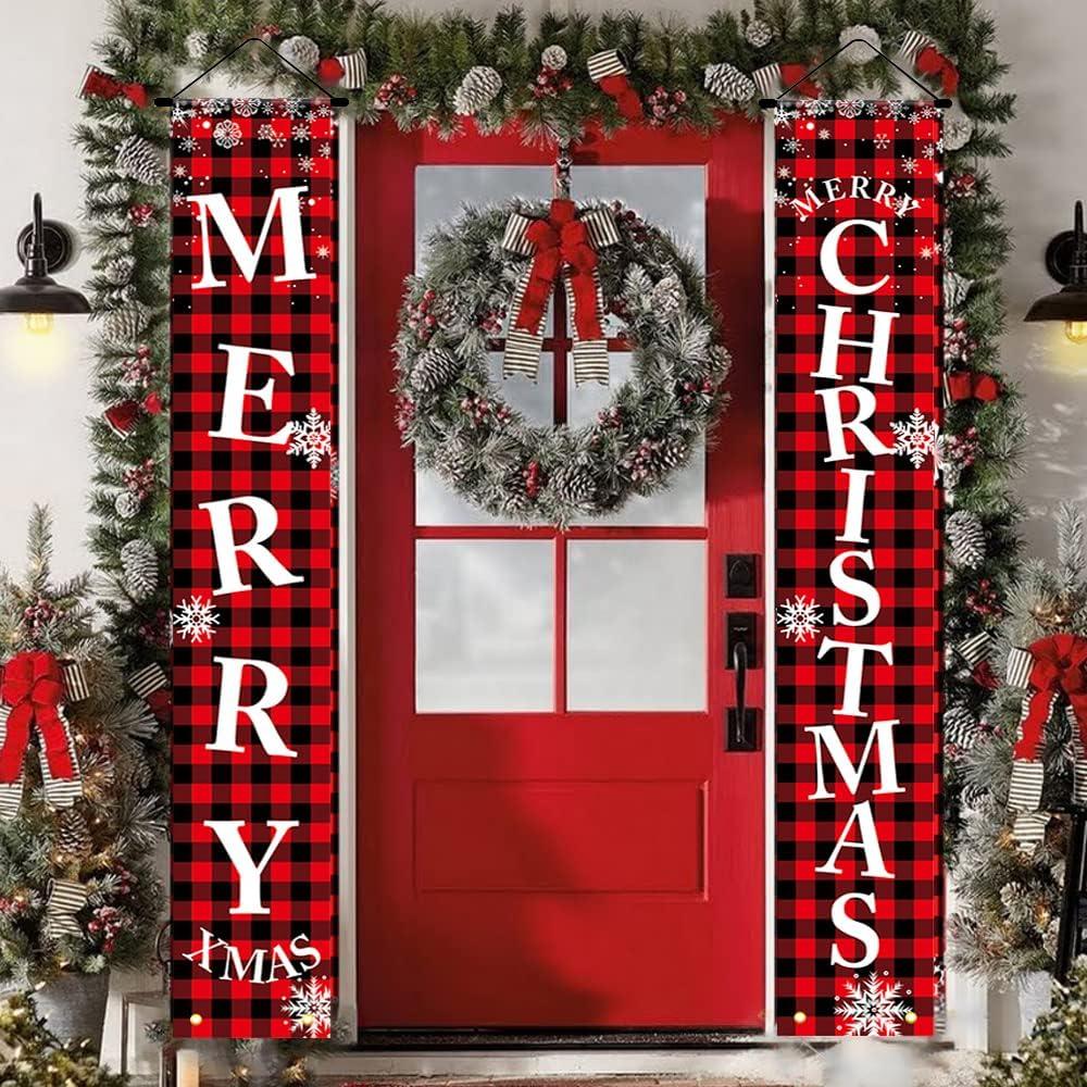 Christmas Decorations Outdoor Yard Front Porch Sign Set, Red Black Buffalo Plaid Door Banner, Hanging Merry Christmas Decorations for Home, Indoor Outdoor Xmas Decor Wall Front Door Yard Garage