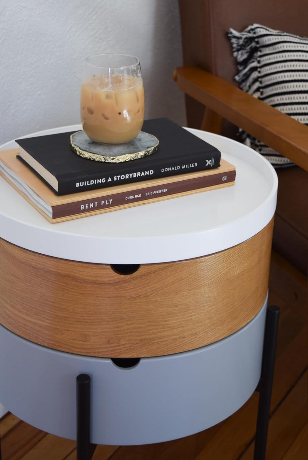 Round White and Wood End Table with Black Metal Legs