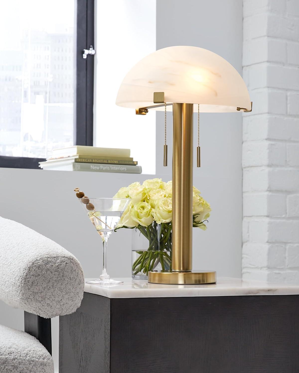 Gold Brass Table Lamp with White Glass Dome Shade