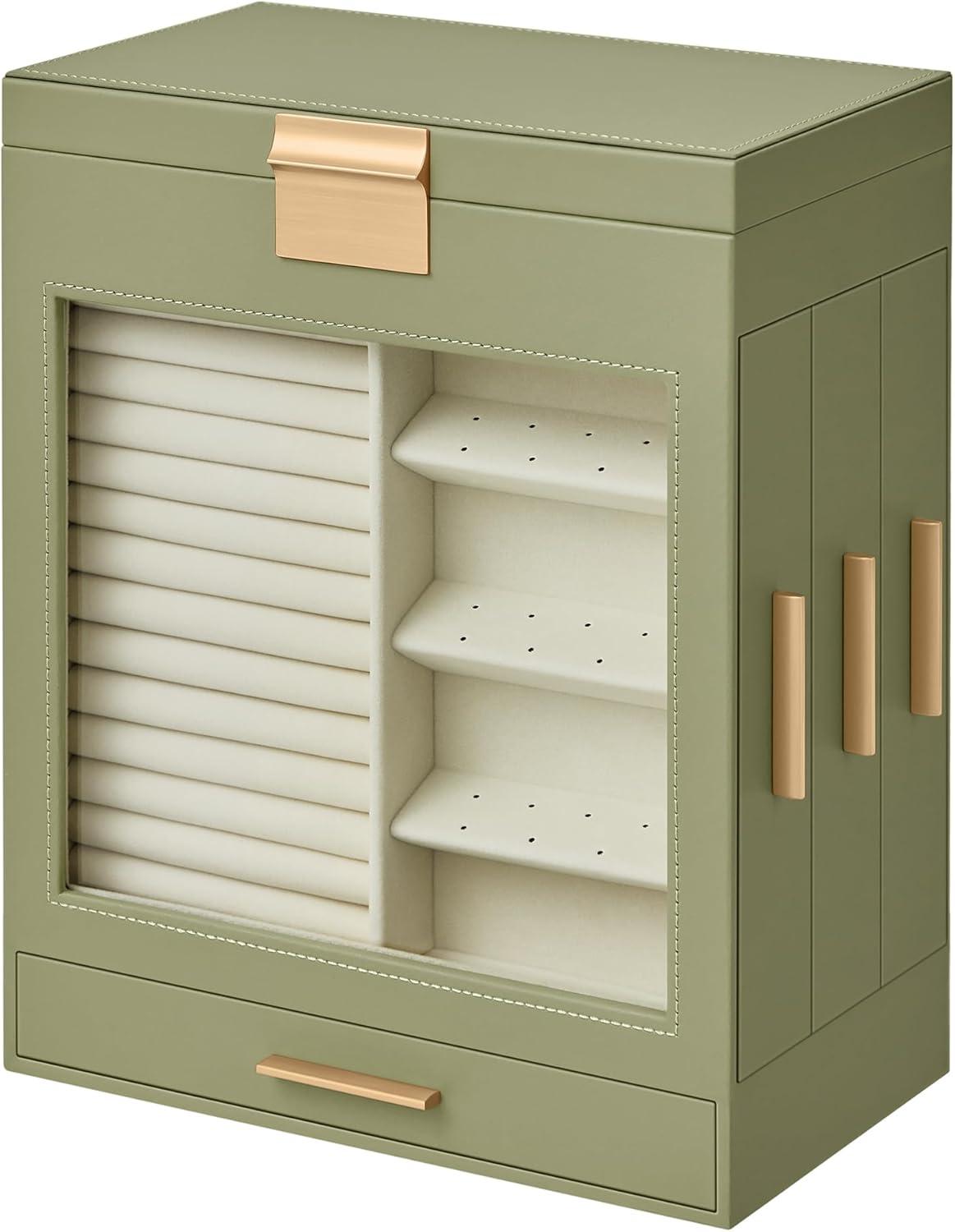 SONGMICS Jewelry Box with Glass Window, 5-Layer Jewelry Organizer with 3 Side Drawers, Jewelry Storage, with Big Mirror, Modern, 6.1 x 10.3 x 12.6 Inches, Laurel Green and Metallic Gold UJBC162C02