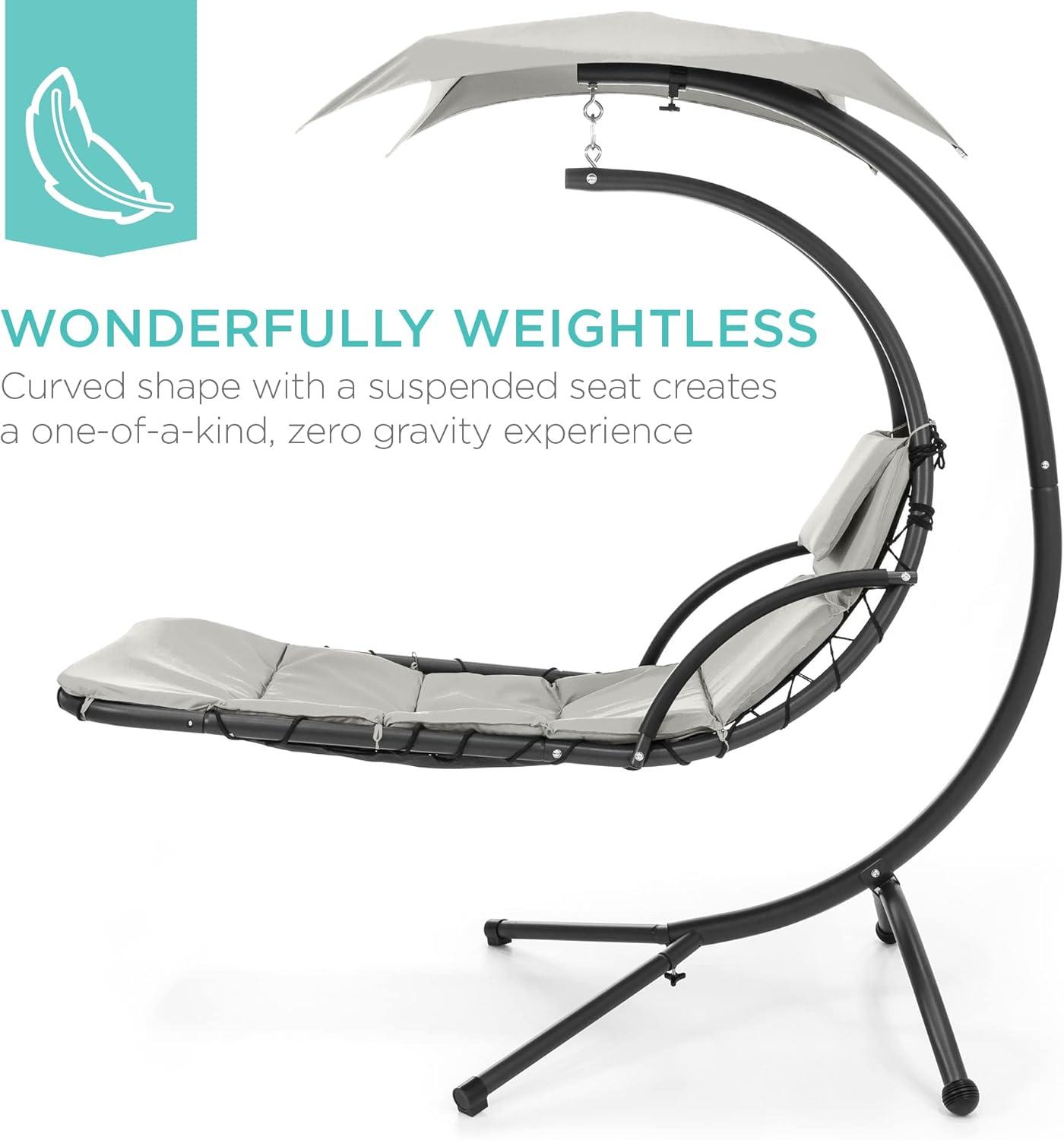 Best Choice Products Hanging Curved Chaise Lounge Chair Swing for Backyard, Patio w/ Pillow, Shade, Stand - White Sand