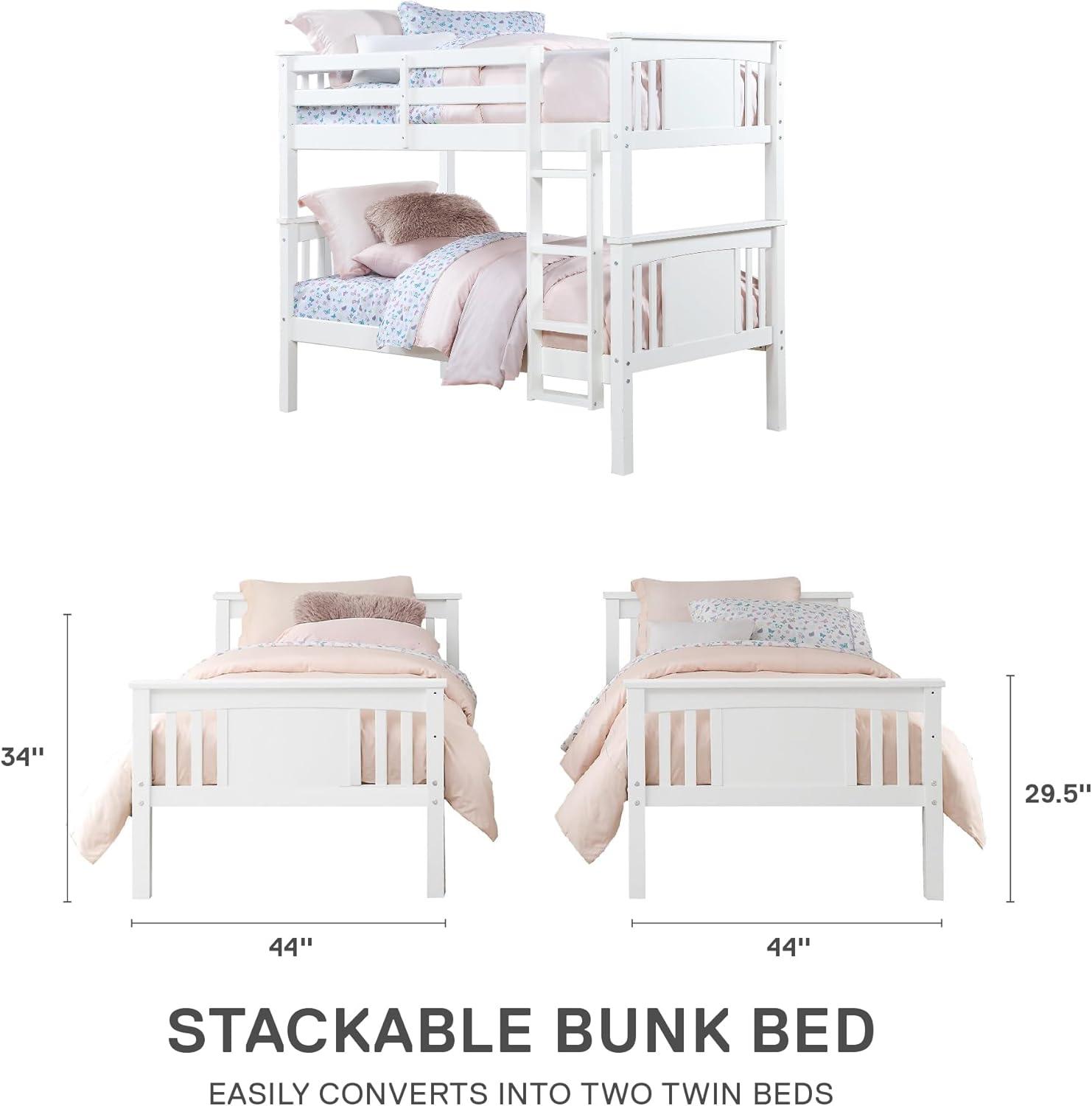 White Twin Over Twin Wood Bunk Bed with Ladder and Guardrail