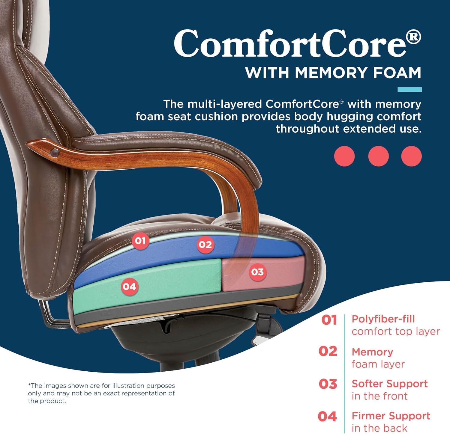 La-Z-Boy La-Z-Boy Delano Big & Tall Executive Office Chair, Ergonomic Mid-Back with Body Pillow Lumbar Support, ComfortCore® with Memory Foam Cushion, Mahogany Wood Arms and Swivel Base, Bonded Leather